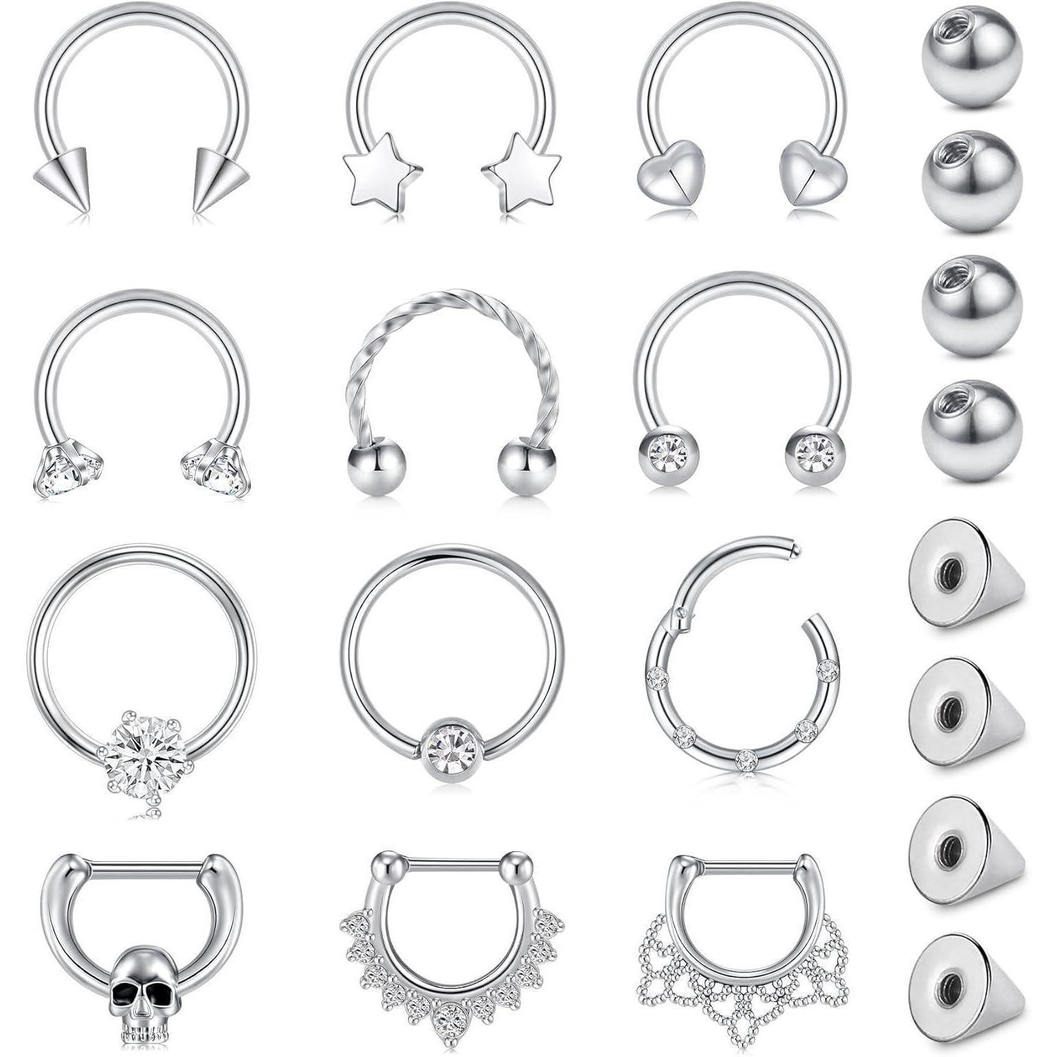 Nasenpiercing 16G Edelstahl Septum Piercing Ring Set 12 Stile 8/10mm