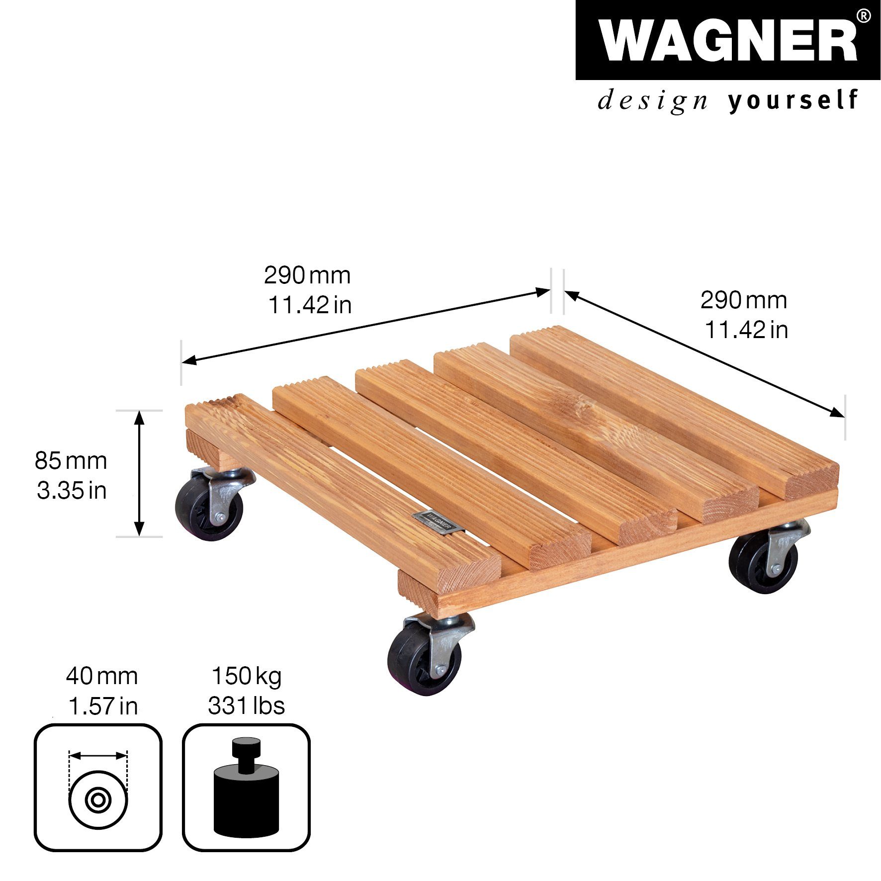 WAGNER design yourself Pflanzenroller TOSCANA diverse Größen I für außen & innen I rund & eckig I FSC® Massivholz, geriffelt, terracotta I Tragkraft 150 kg - Made in EU