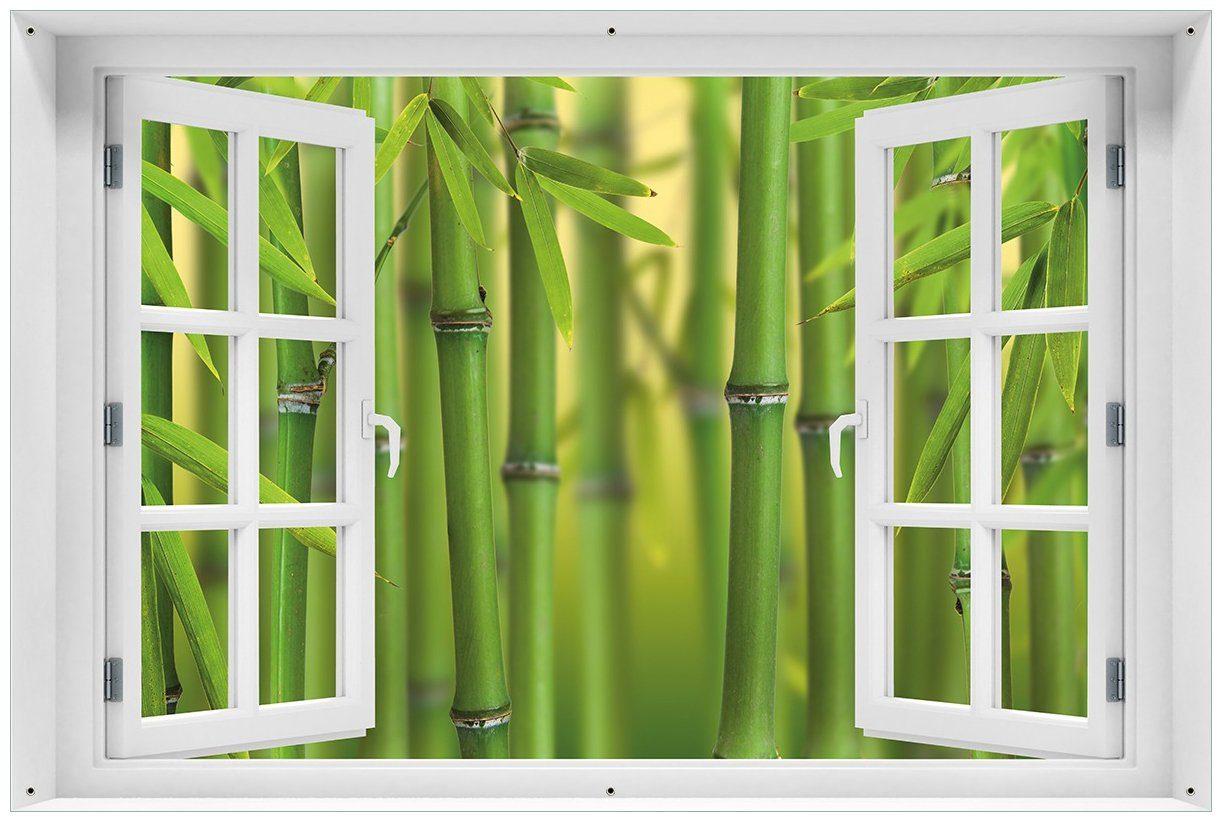 Wallario Sichtschutzzaunmatten Grüner Bambuswald, mit Fenster-Illusion
