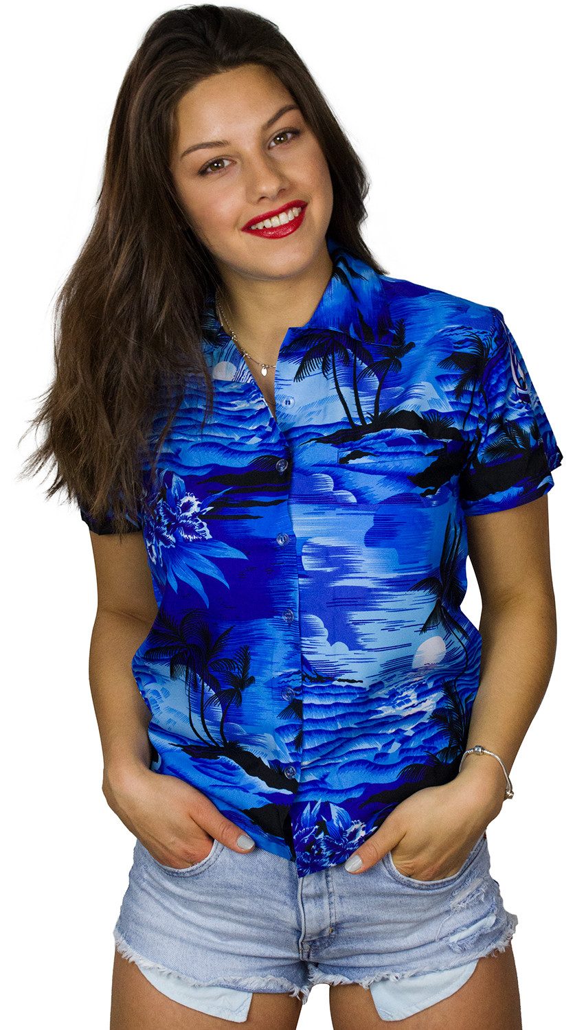 Hawaiihemd Surf Funky Hawaiibluse Damen Kurzarm Front-Tasche Stylish