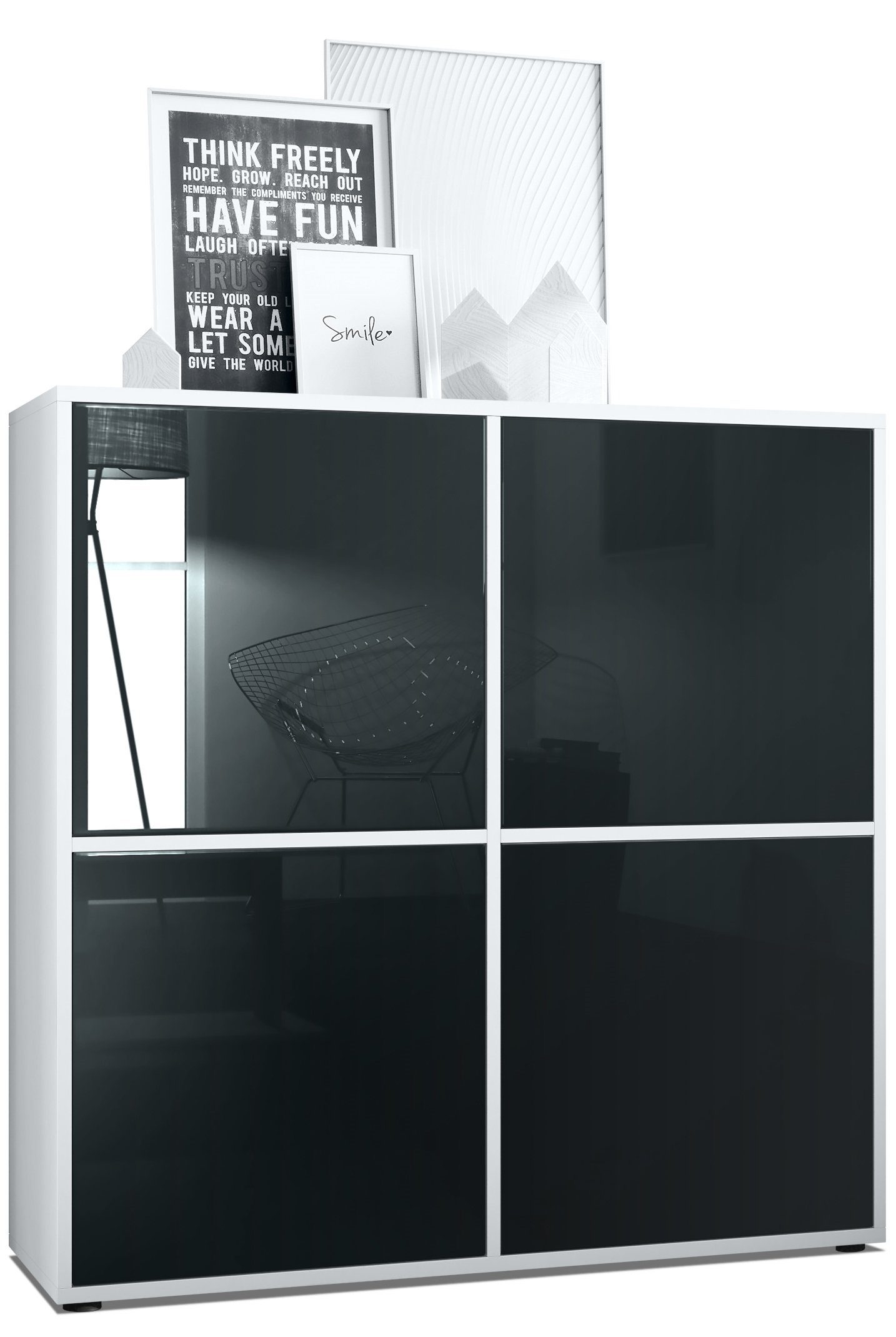 Vladon Highboard Cuba (Schrank, 104 x 105,5 x 35,5 cm Sideboard mit 8 Fächern), Korpus in Weiß matt / Fronten in Schwarz Hochglanz