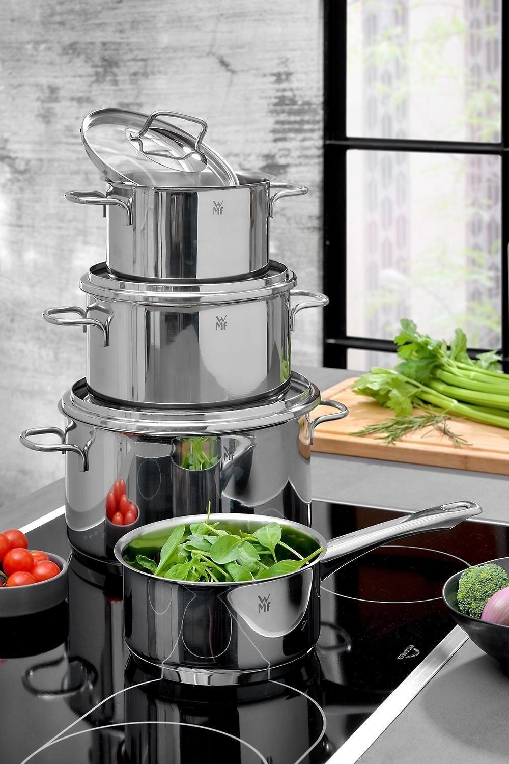 WMF Topf-Set ASTORIA, 4-teilig, mit Glasdeckel, Cromargan® Edelstahl Rostfrei 18/10, 1 Bratentopf, 2 Kochtöpfe, 1 Stielkasserolle