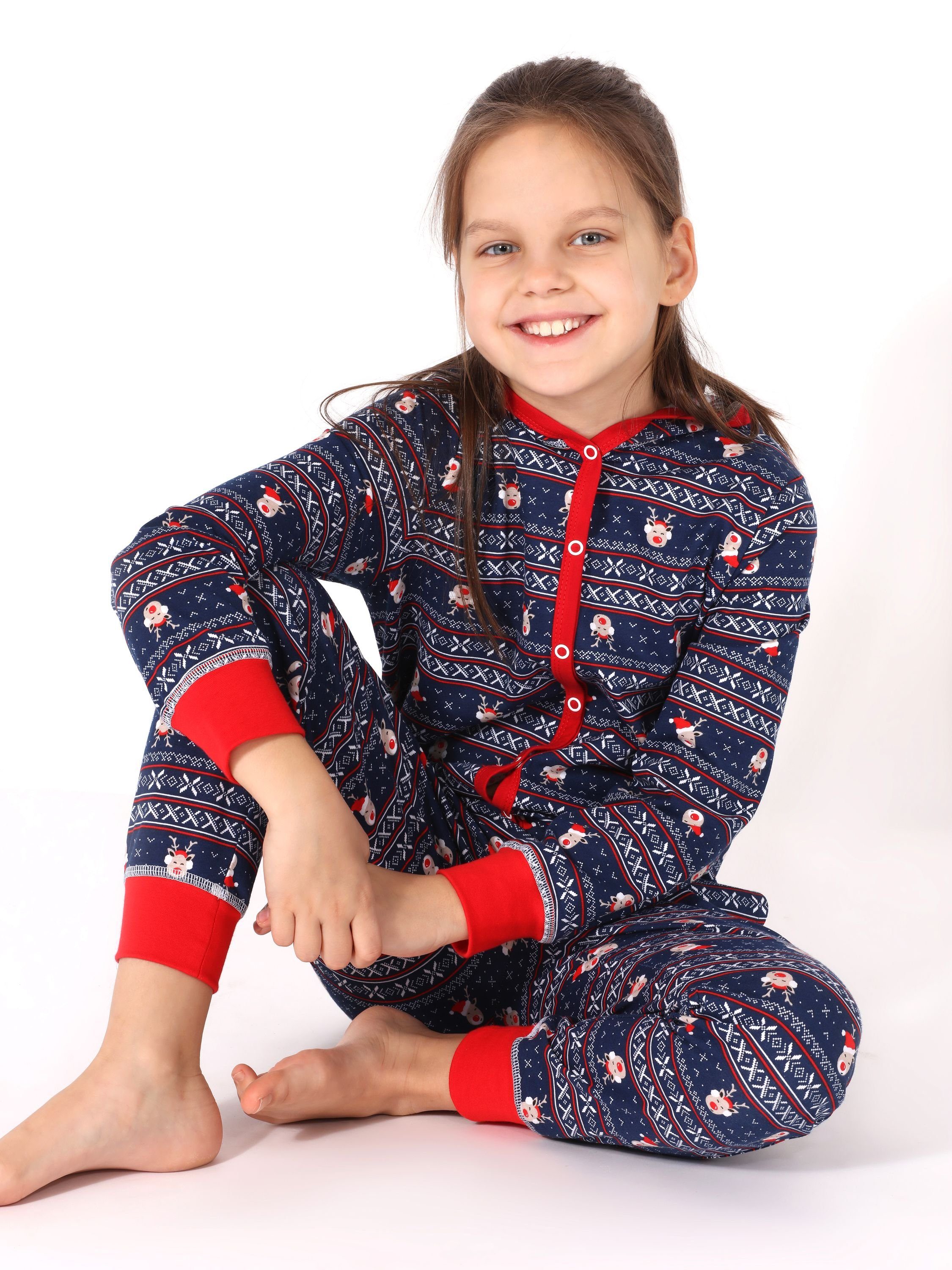 Mädchen MS10-223 Kapuze Rentiere Schlafanzug Marineblau Merry Schlafoverall Style mit