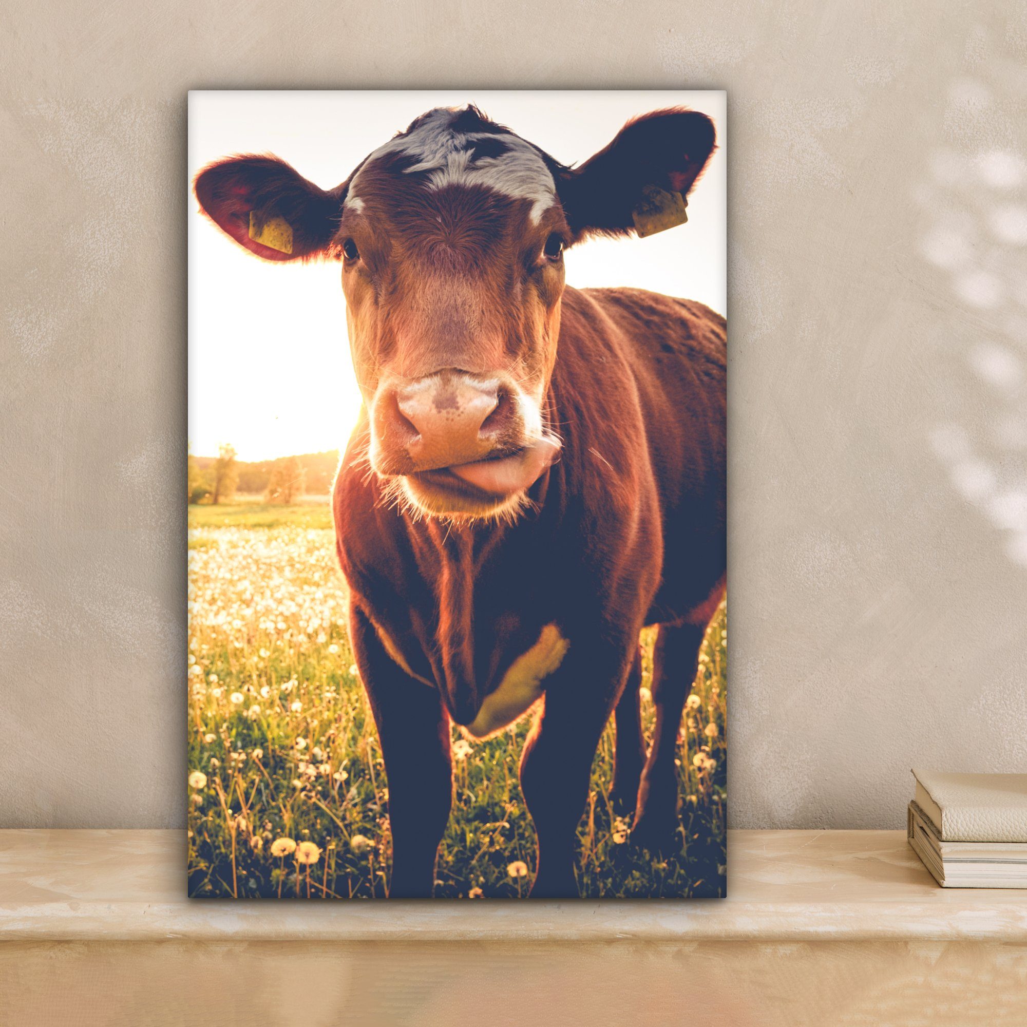 OneMillionCanvasses® Leinwandbild Kuh - Sonnenuntergang - Blumen - Gras - T günstig online kaufen