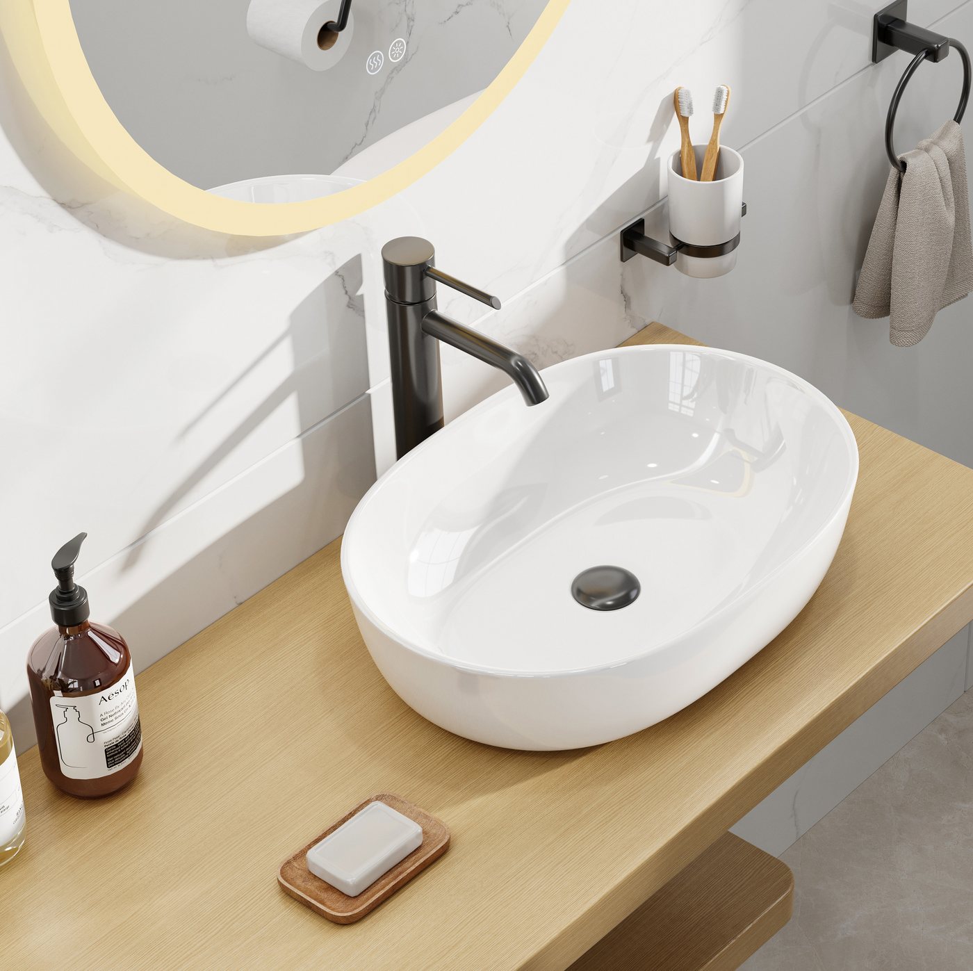 Thumbnail - HOROW Waschbecken Aufsatzwaschbecken Oval Waschbecken Glänzend weiß (für Badezimmer Gäste-WC , 590 × 410 × 145 mm, mit H...