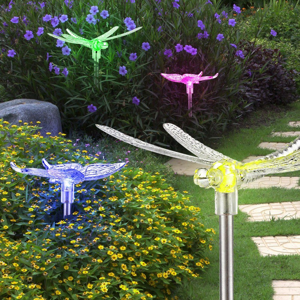 fest LED Solar Garten Außen etc-shop 5x LED-Leuchtmittel verbaut, Erdspieß Gartenleuchte, Blume Leuchten Schmetterling Lotos
