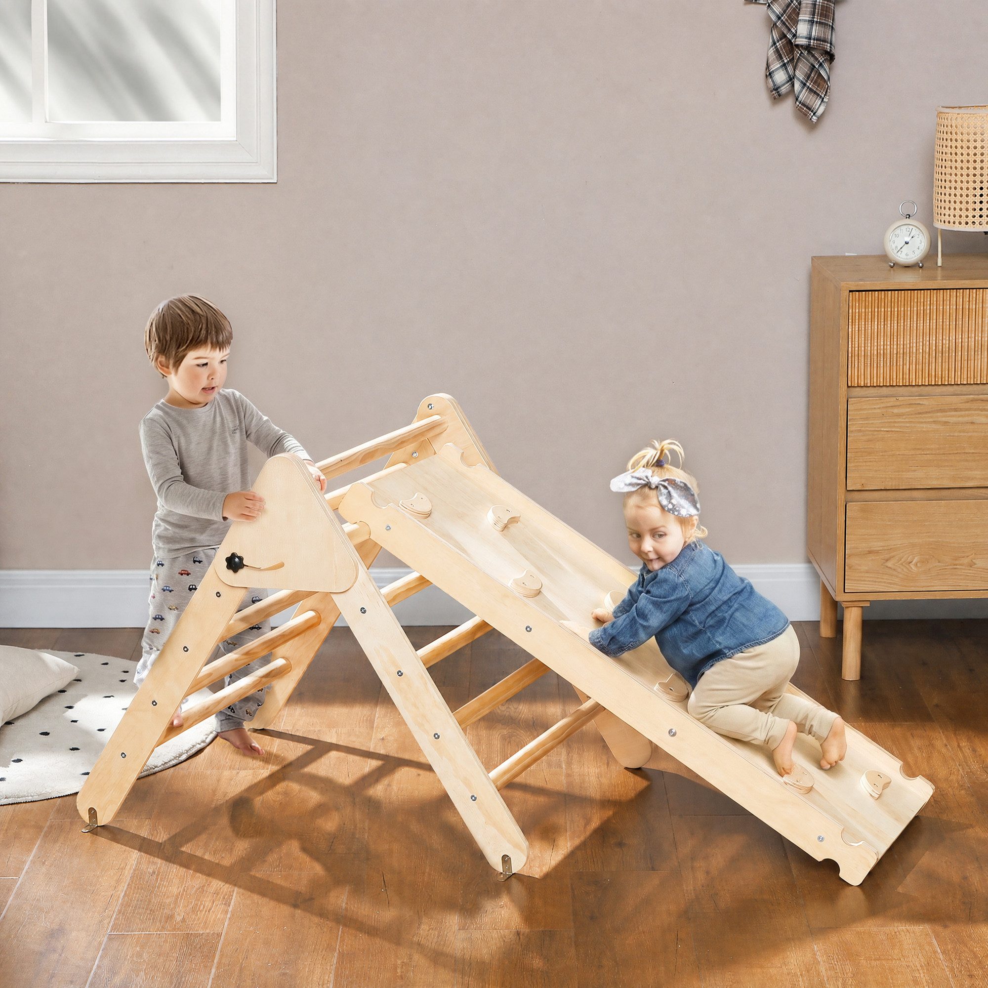 AIYAPLAY Klettergerüst Montessori Holz Spielplatz, (Kletterspielzeug, 2-St., Kletterdreieck zum Rutschen und Klettern), für Kinder 1,5-4 Jahre, Indoor, Naturholz