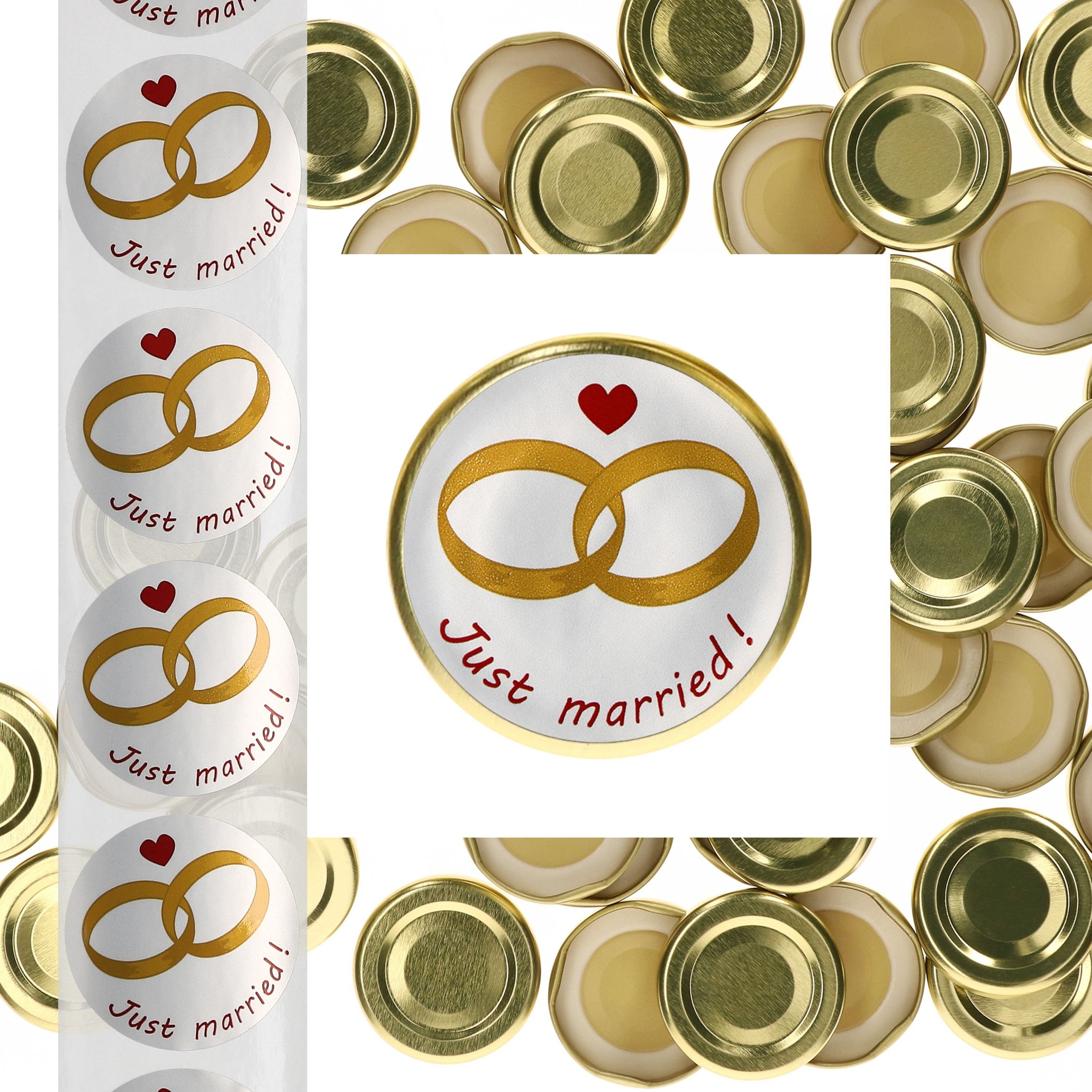 Einmachglas Metall TO66 Hochzeits-Etiketten MamboCat Geschenk, gold Deckelset Married Just 50er