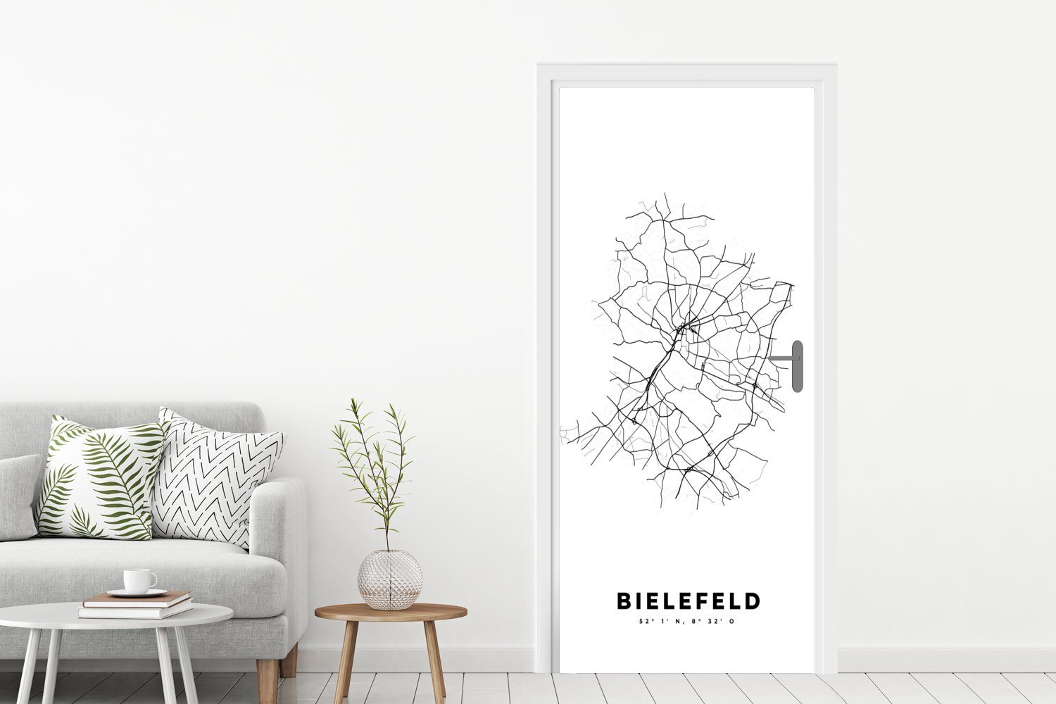Bielefeld MuchoWow cm - Karte Deutschland 75x205 Matt, Fototapete - Türtapete - St), - Karte, für (1 Schwarz-weiß Tür, bedruckt, Stadtplan Türaufkleber, -