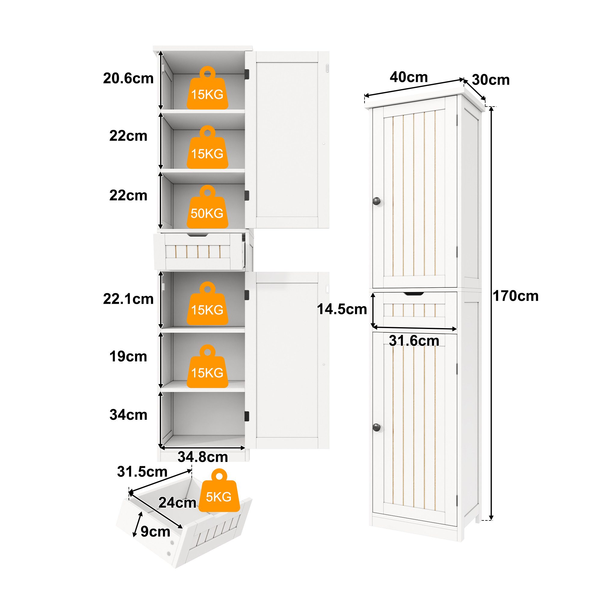 Celya Hochschrank Küchenschrank, 40×30×170 cm, mit 2 Türen und 1 Schublade (mit verstellbaren Einlegeböden für flexible Aufbewahrung) Geeignet für Küche, Esszimmer oder Wohnzimmer