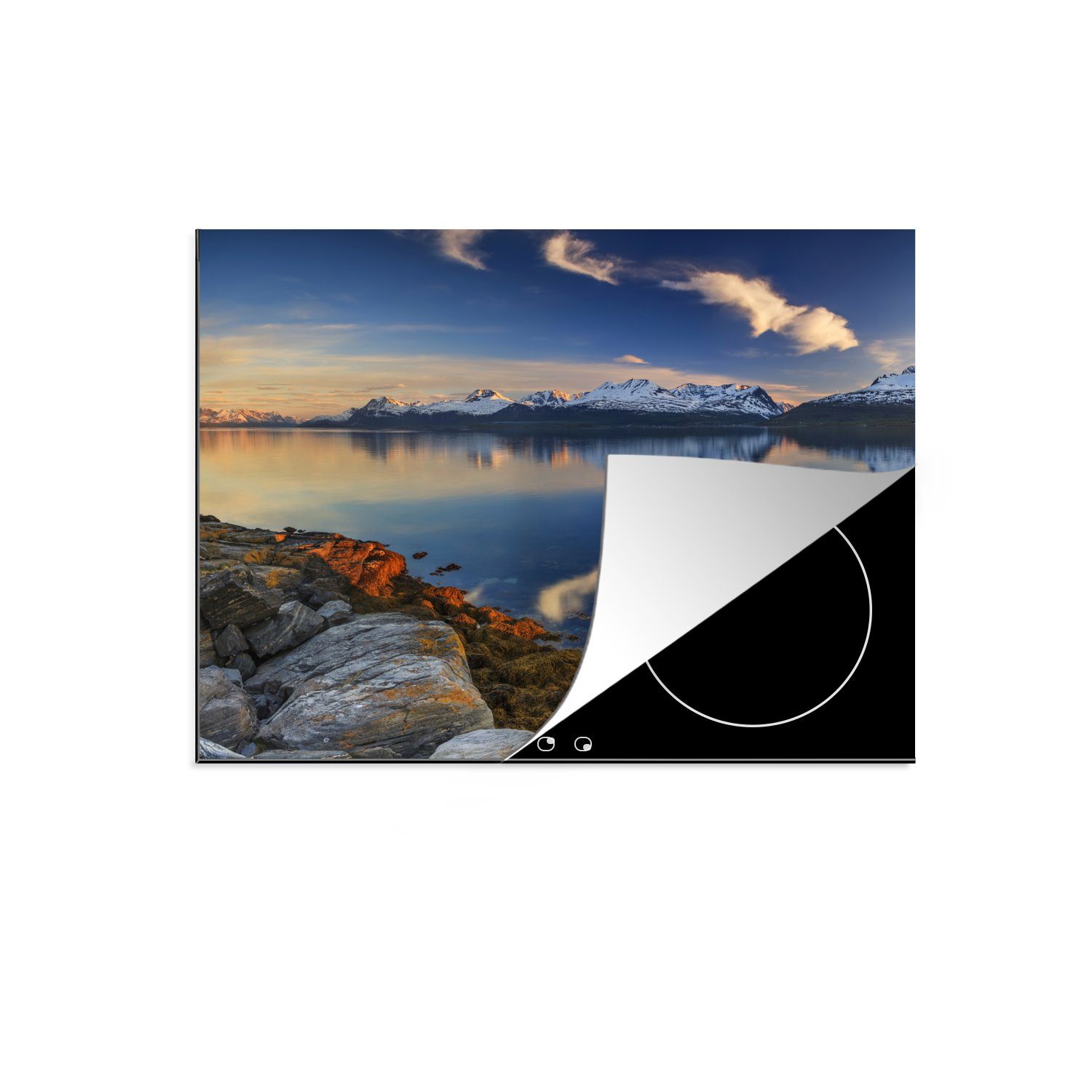 MuchoWow Herdblende-/Abdeckplatte Sonnenuntergang an der Küste des Fjordes, Vinyl, (1 tlg), 70x52 cm, Mobile Arbeitsfläche nutzbar, Ceranfeldabdeckung