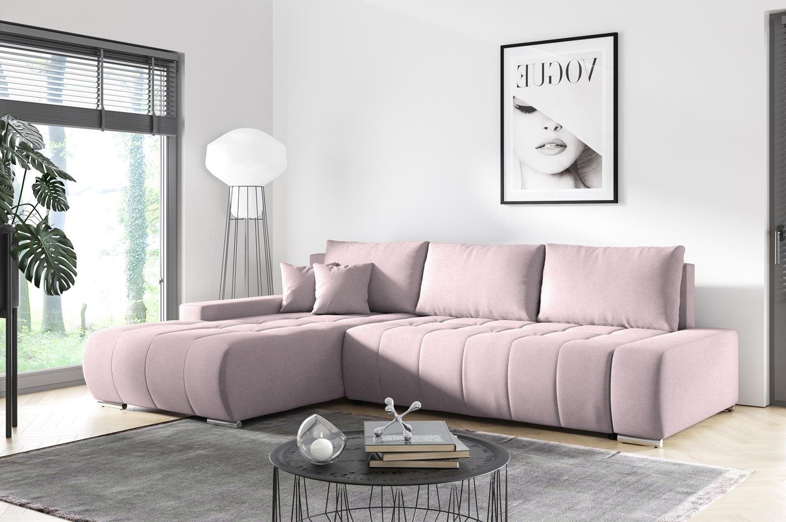 Schlaffunktion, Rosa Velourstoff Compleo aus L-Form mit KLARA Steppung, mit Ecksofa Ecksofa