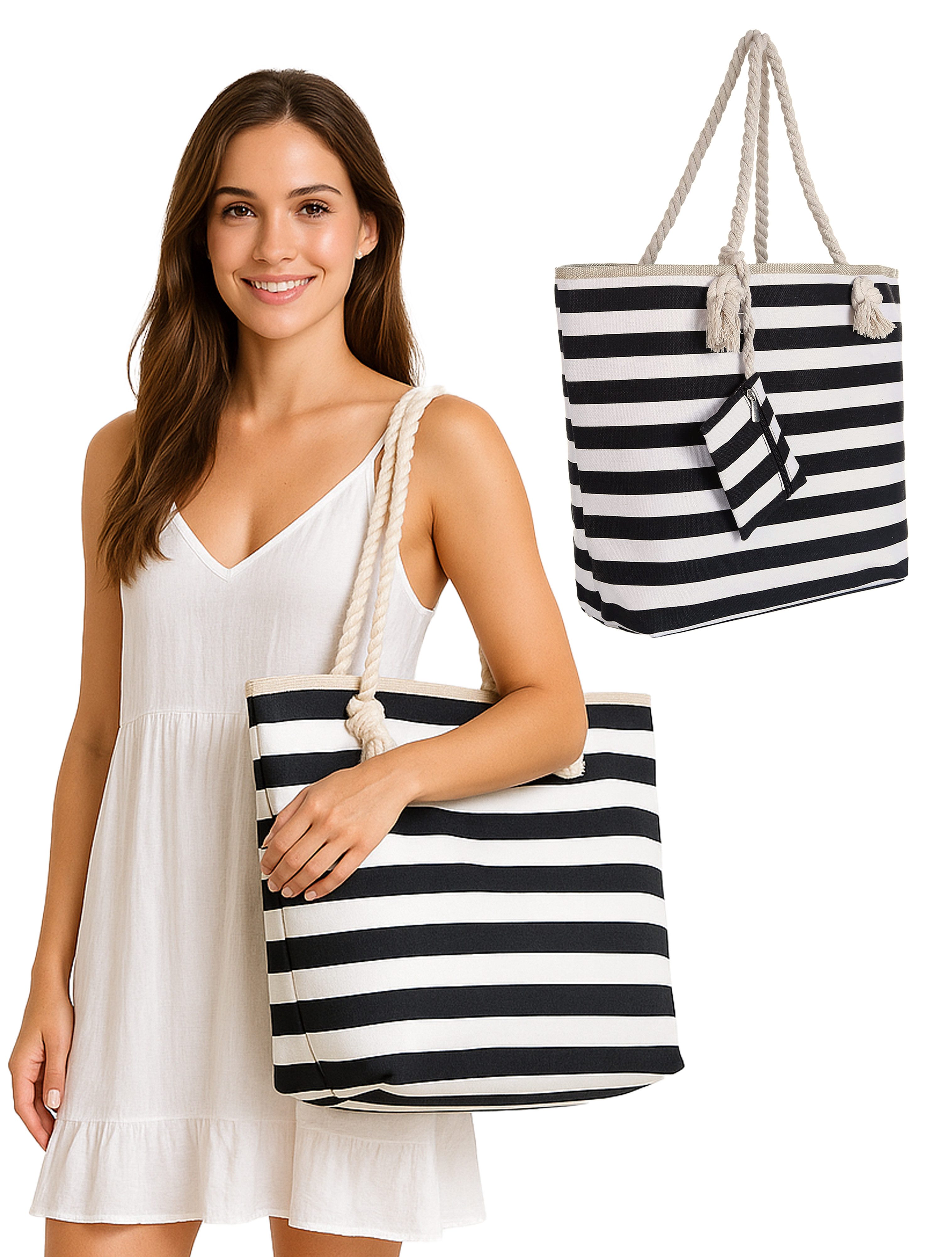 DonDon Strandtasche Shopper Schultertasche Beach Style (2-tlg), Große Strandtasche, mit Reißverschluss, tolle Motive