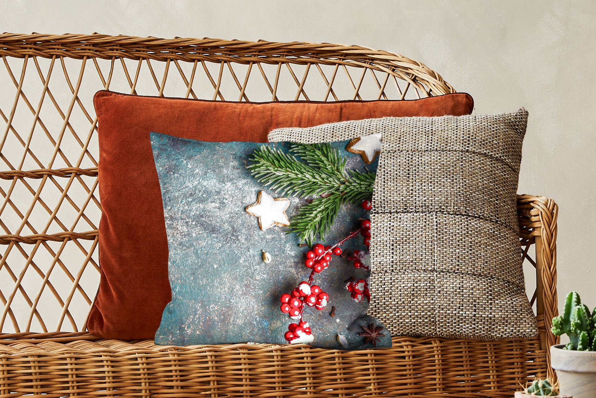 Schlafzimmer, - - Wohzimmer, - Deko, Beeren Rot, Rustikal - mit Zweige Weihnachten MuchoWow für Sternanis Zierkissen - Füllung Dekokissen Sofakissen