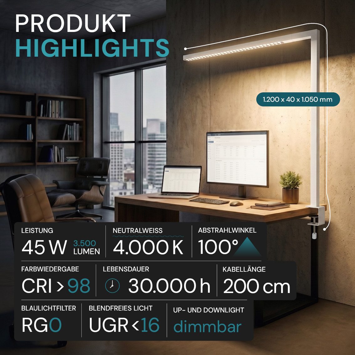 LUXULA LED Klemmtischleuchte Büro-Klemmleuchte, LED fest integriert, 4000K Neutralweiß, 45W Arbeitsplatzleuchte Weiß Up and Down Dimmbar Touchsteuerung