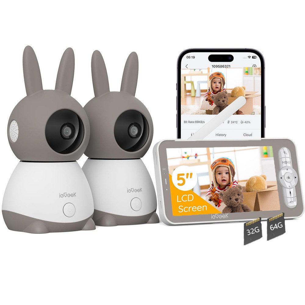 Video-Babyphone Babyphone mit 2 Kameras WLAN 5 Zoll Video Babyphone 2K/3MP PTZ 355°