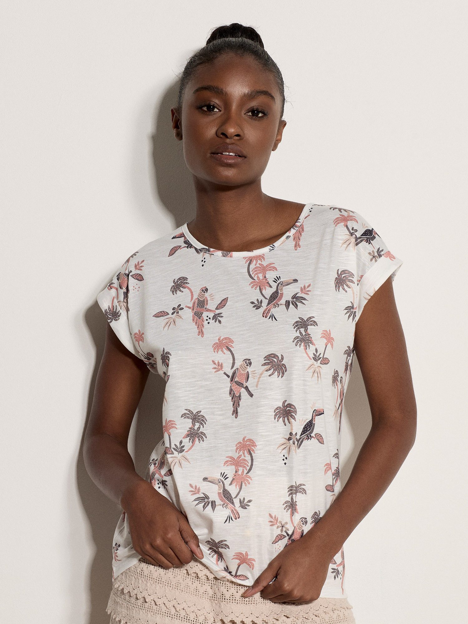 Apricot T-Shirt Slub-T-Shirt mit Papageien- und Palmenprint
