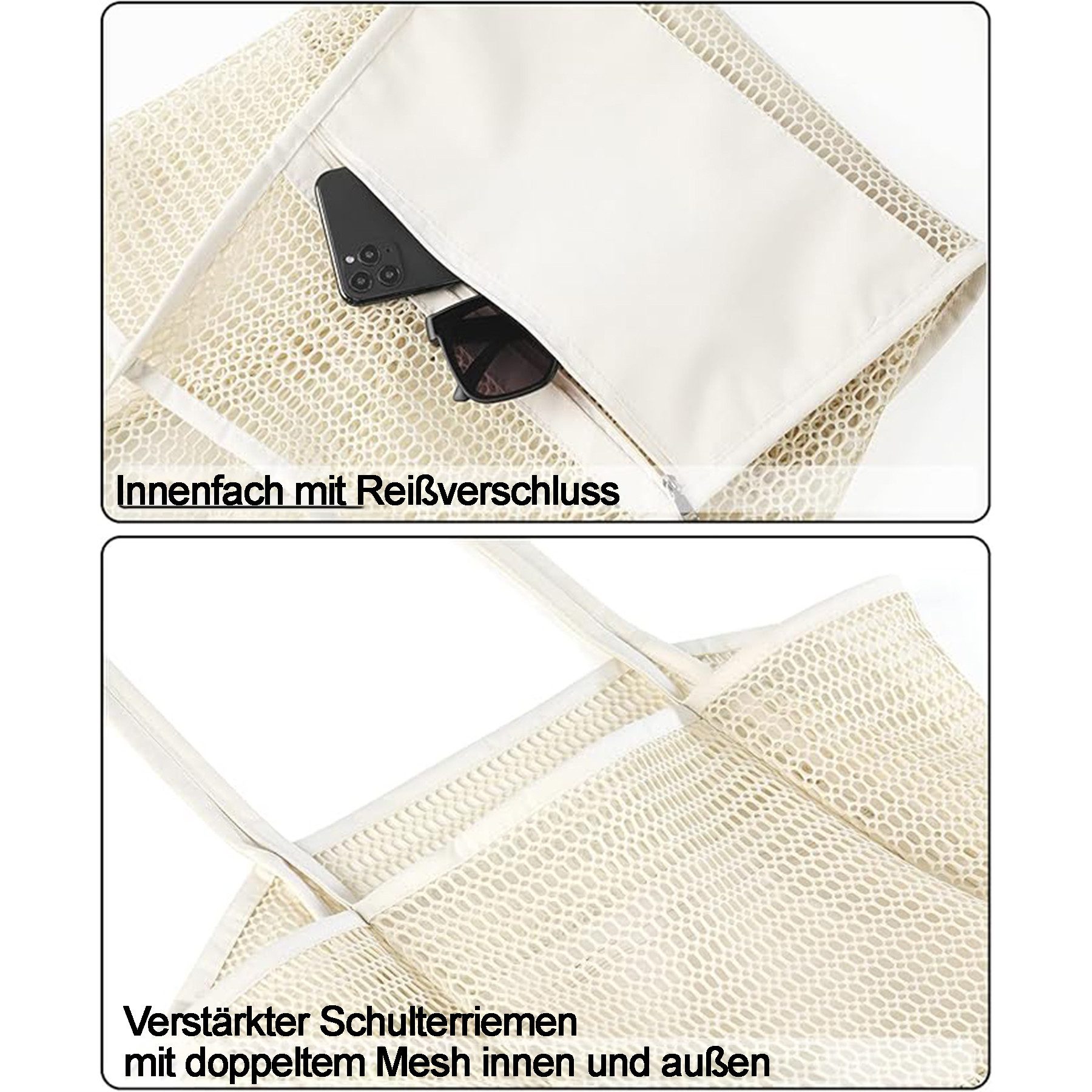 Mutig Strandtasche Strandtasche Groß, Mesh mit Reißverschluss Shopper Damen Badetasche (Handtasche mit Reißverschluss Wasserdicht Sanddicht, Damen 15L, Faltbar für Damen, Strand, Pool, Urlaub, Fitnessstudio & Familie)