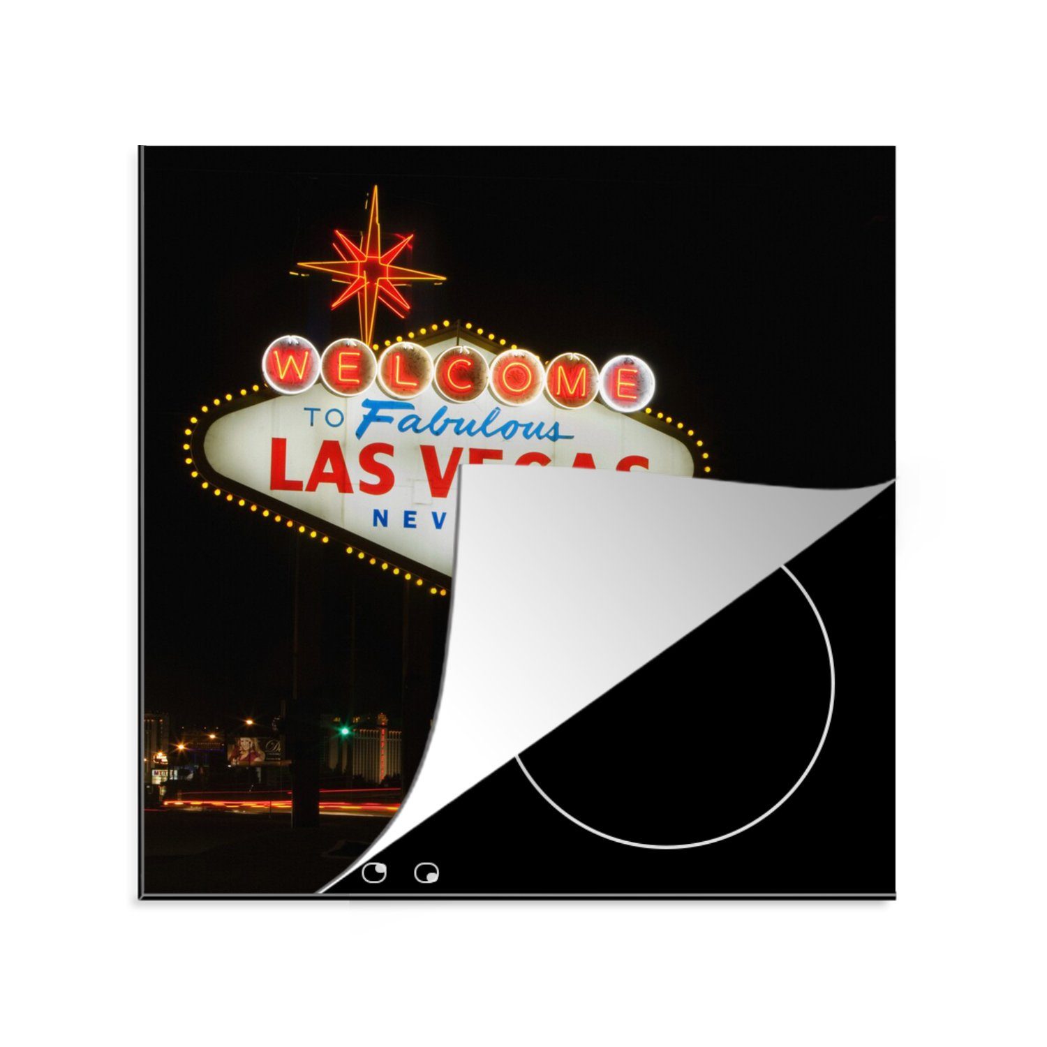 MuchoWow cm, 78x78 tlg), bei Las küche (1 Herdblende-/Abdeckplatte Nacht, Vegas Arbeitsplatte Willkommensschild Ceranfeldabdeckung, Vinyl, für