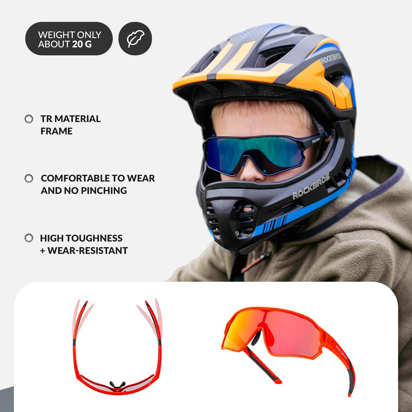 ROCKBROS Fahrradbrille Sportbrille Kinder Jugendliche Outdoor Radfahren TR90 Rahmen, selbsttönend, UV400 Schutz, photochrome Gläser, leicht, rutschfest