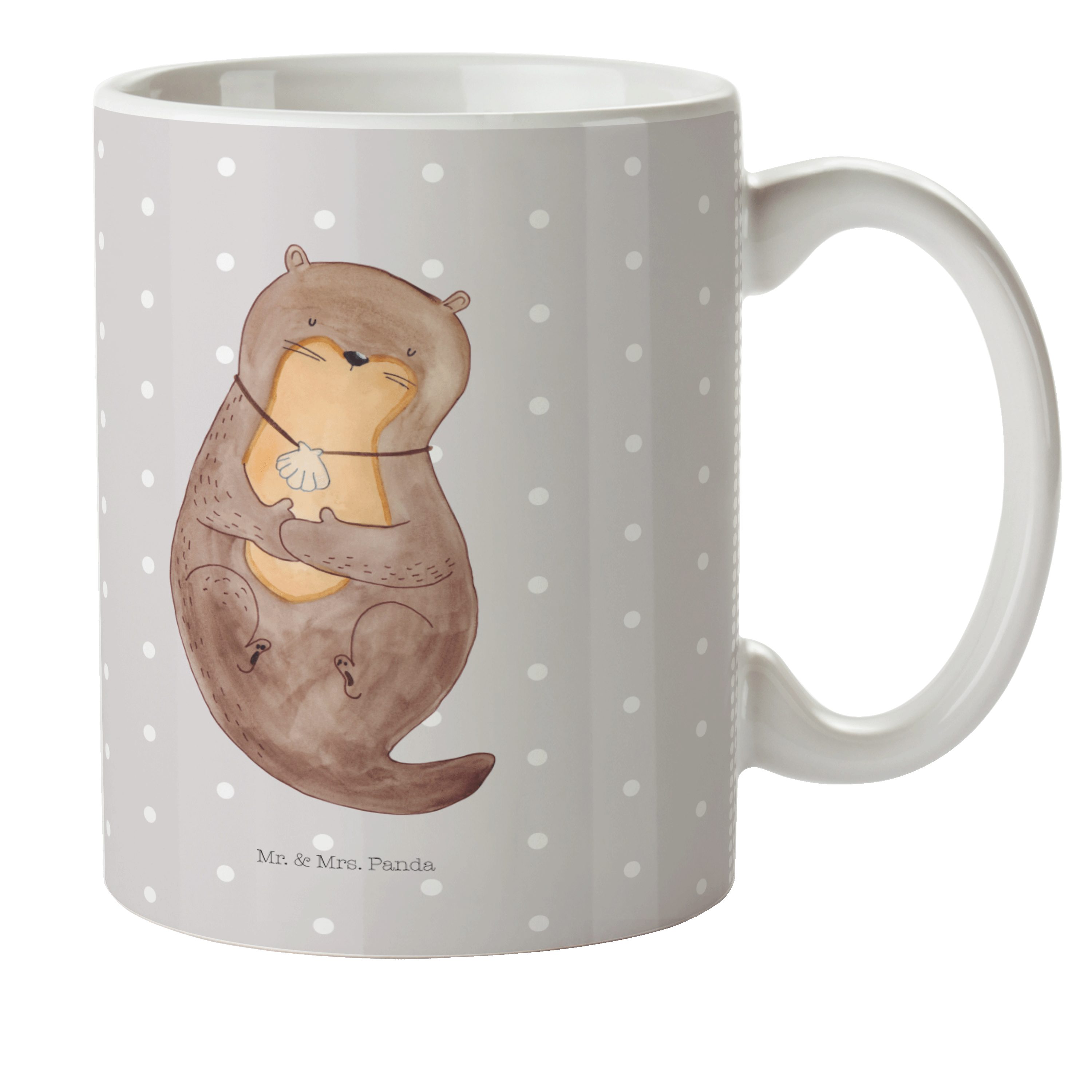 Mr. & Mrs. Panda Kinderbecher Otter mit Muschelmedaillon - Grau Pastell - Geschenk, Kunststoffgesch, Kunststoff