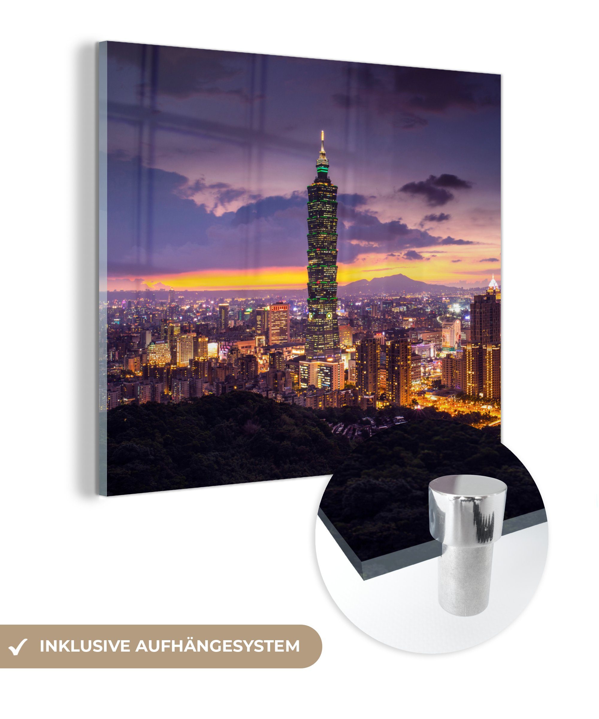 Lila Wandbild - MuchoWow - dem Bilder Taipei St), über in auf Glas Acrylglasbild Asien, Glas Foto Himmel 101 Glasbilder der (1 Abenddämmerung auf in Wanddekoration -
