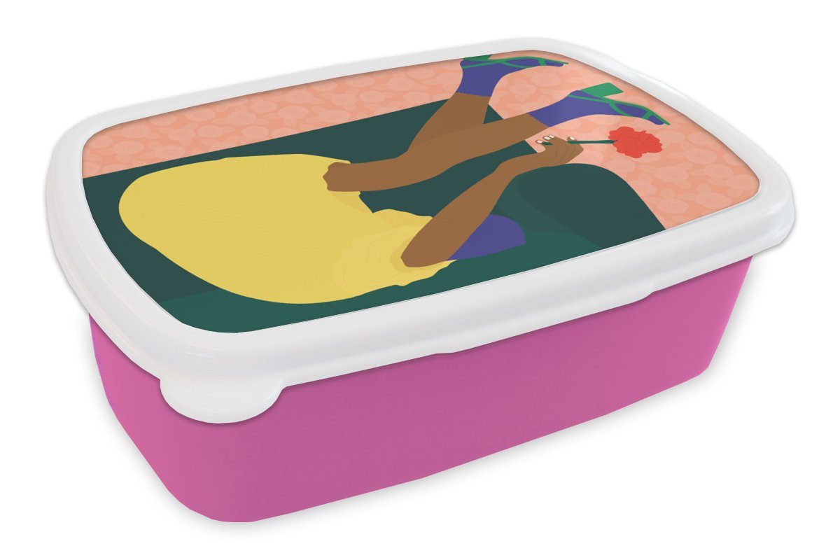 MuchoWow Lunchbox Frau - Blumen - Retro, Kunststoff, (2-tlg), Brotbox für Erwachsene, Brotdose Kinder, Snackbox, Mädchen, Kunststoff rosa
