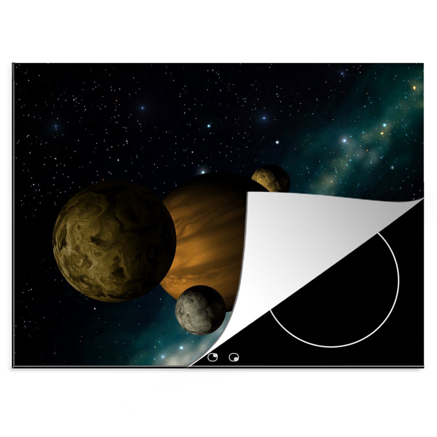 70x52 - Arbeitsfläche MuchoWow Mond, Vinyl, - Ceranfeldabdeckung Planeten cm, Sterne nutzbar, Herdblende-/Abdeckplatte tlg), Mobile (1