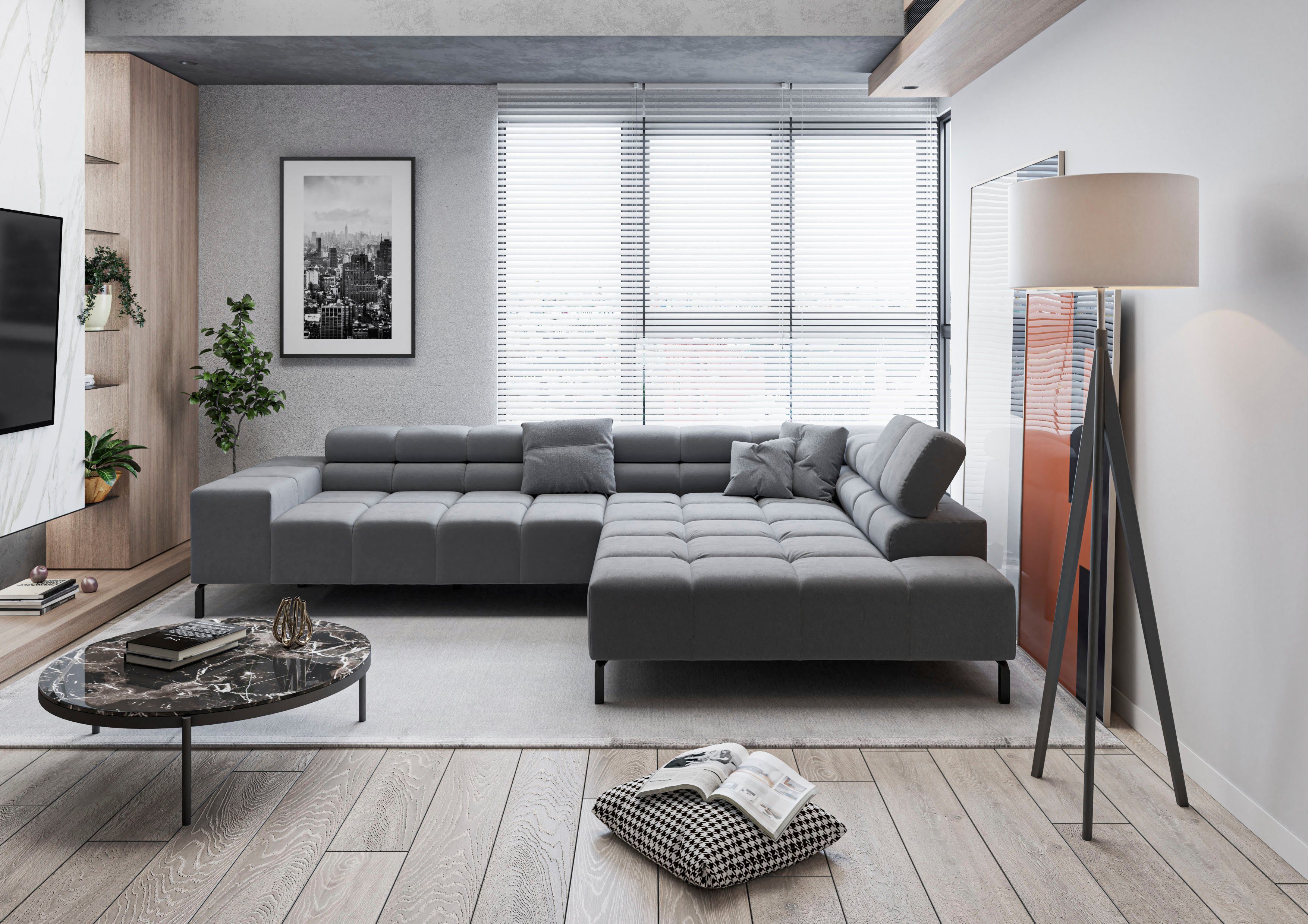 INOSIGN Ecksofa Ancona New, wahlweise motorische Sitztiefenverstellung, auch in Cord, feine Steppung, mit Kopfteilverstellung, 3 Zierkissen, L-Form