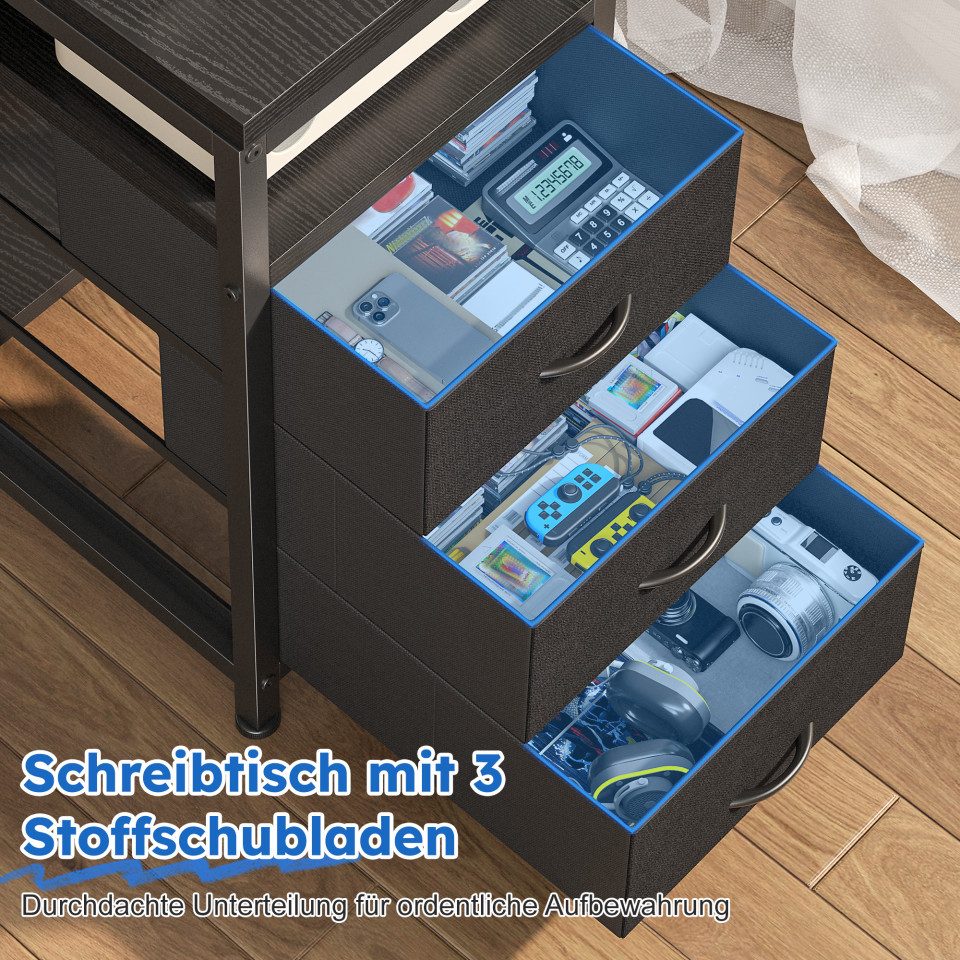 Klyvvo Schreibtisch mit 3 Schubladen, Gaming Schreibtisch L Form mit LED (1-St), mit Stauraum für Homeoffice und Gaming, Schwarz