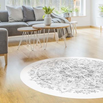 Teppich Vinyl Wohnzimmer Schlafzimmer Flur Küche Mandala modern, Bilderdepot24, rund - schwarz weiß glatt, nass wischbar (Küche, Tierhaare) - Saugroboter & Bodenheizung geeignet