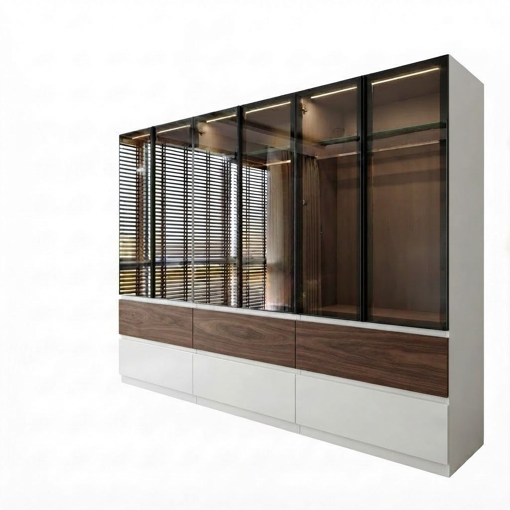 Palms-Store Kleiderschrank Sansibar mit Glastüren, 6 Schubkasten inkl. Beleuchtung Breite: 300cm, Höhe: 218cm, Tiefe: 62cm