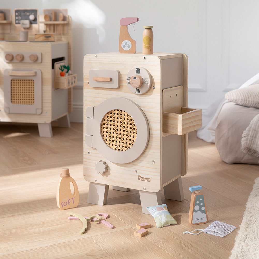 howa Kinder-Waschmaschine, aus Holz Spielzeug Waschmaschine mit drehbarer Trommel