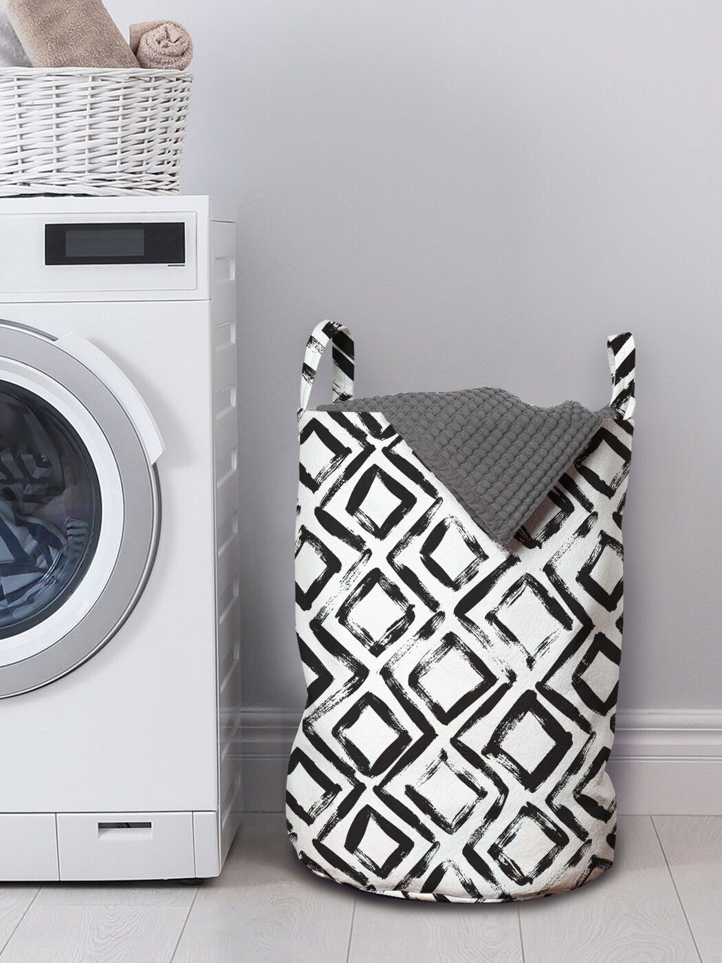 Abakuhaus Wäschesäckchen Wäschekorb mit gezeichnete für Drucken Waschsalons, Hand Griffen Streifen Kordelzugverschluss Rhombus