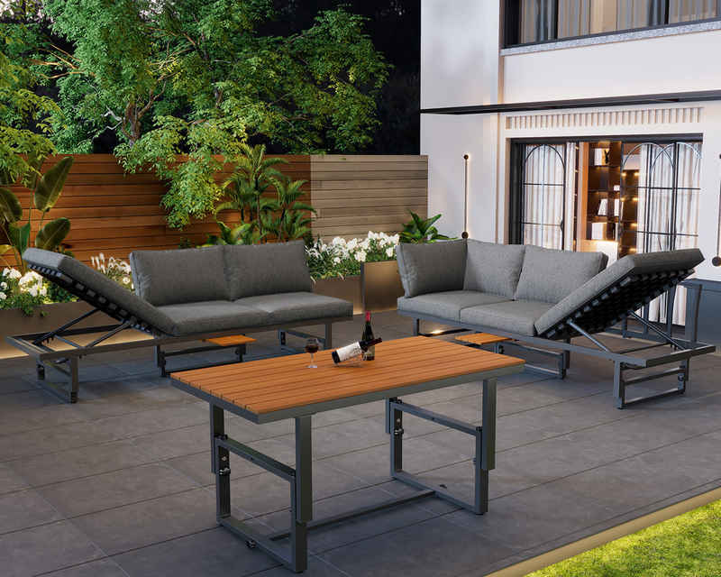 Merax Gartenlounge-Set mit verstellbaren Module, (3-tlg., 2 Bänke, 1 Tisch), Gartenmöbel Set Akazie, höhenverstellbar, Balkonmöbel, Sitzgruppe
