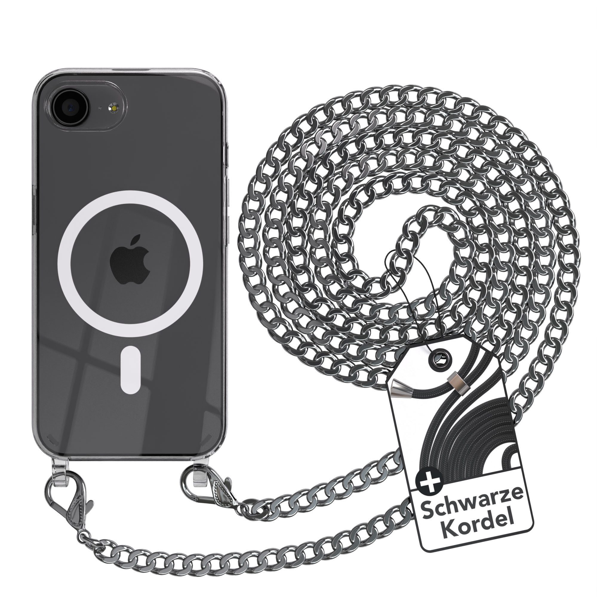 EAZY CASE Handykette Metallkette mit MagSafe Hülle für iPhone 17e 6,1 Zoll, Hülle mit Band Silikon Handytasche durchsichtig Chain Slimcover Silber