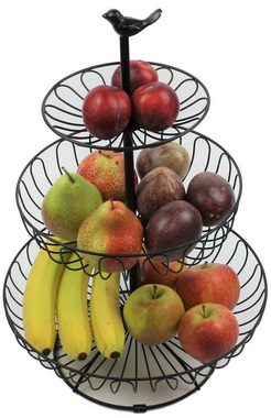 Auroni Etagere, Metall mit Vogel, Obstschale - Obstkorb - Obst Etagere - Aufbewahrung für Gemüse/Snacks - schwarz - 3-stöckig
