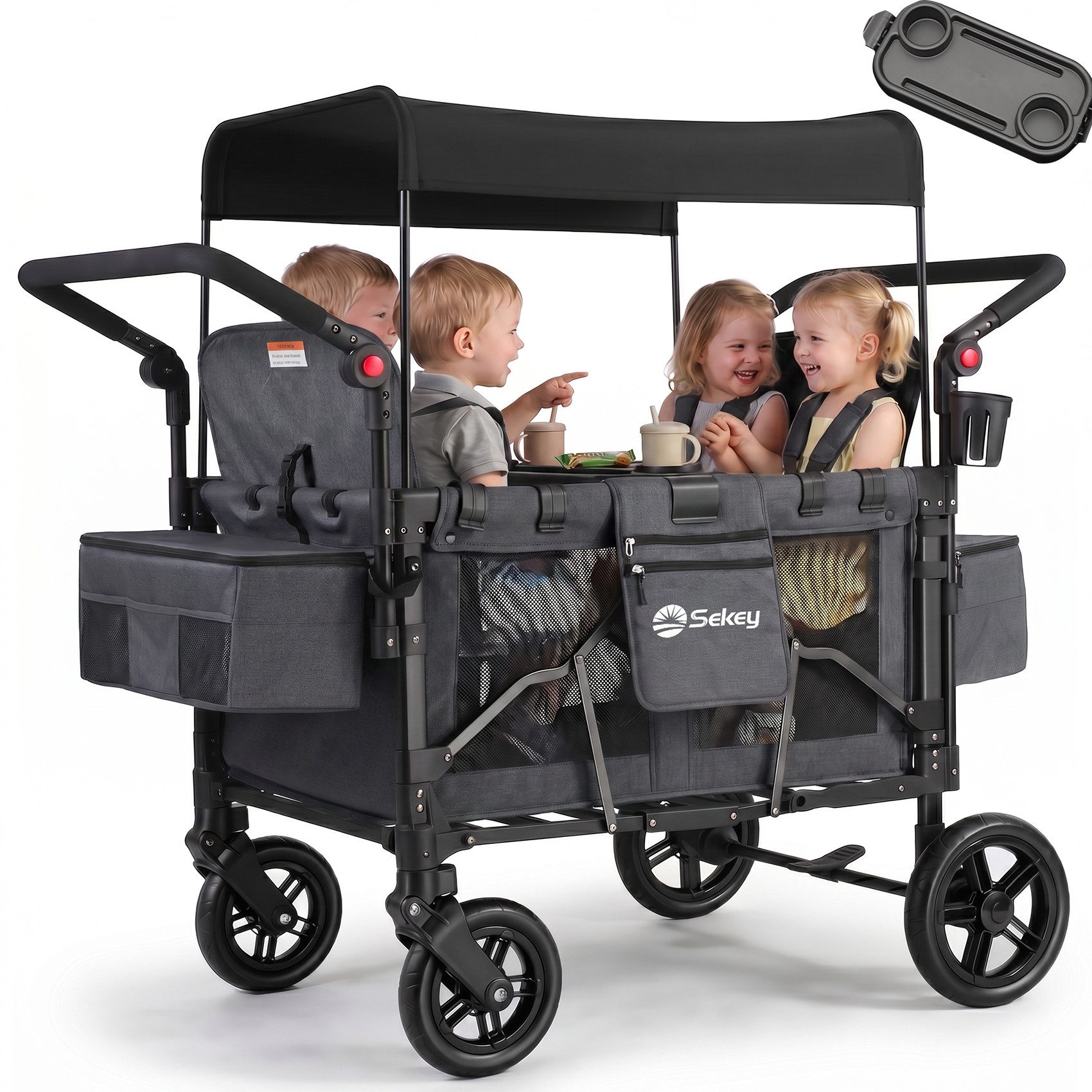 Sekey Bollerwagen 4 Kinder zum Sitzen Kinderwagen Faltbar mit Dach Zwillingskinderwagen, Handwagen für 2-4 Kinder, mit 4 integrierten 5-Punkt-Gurtsystem