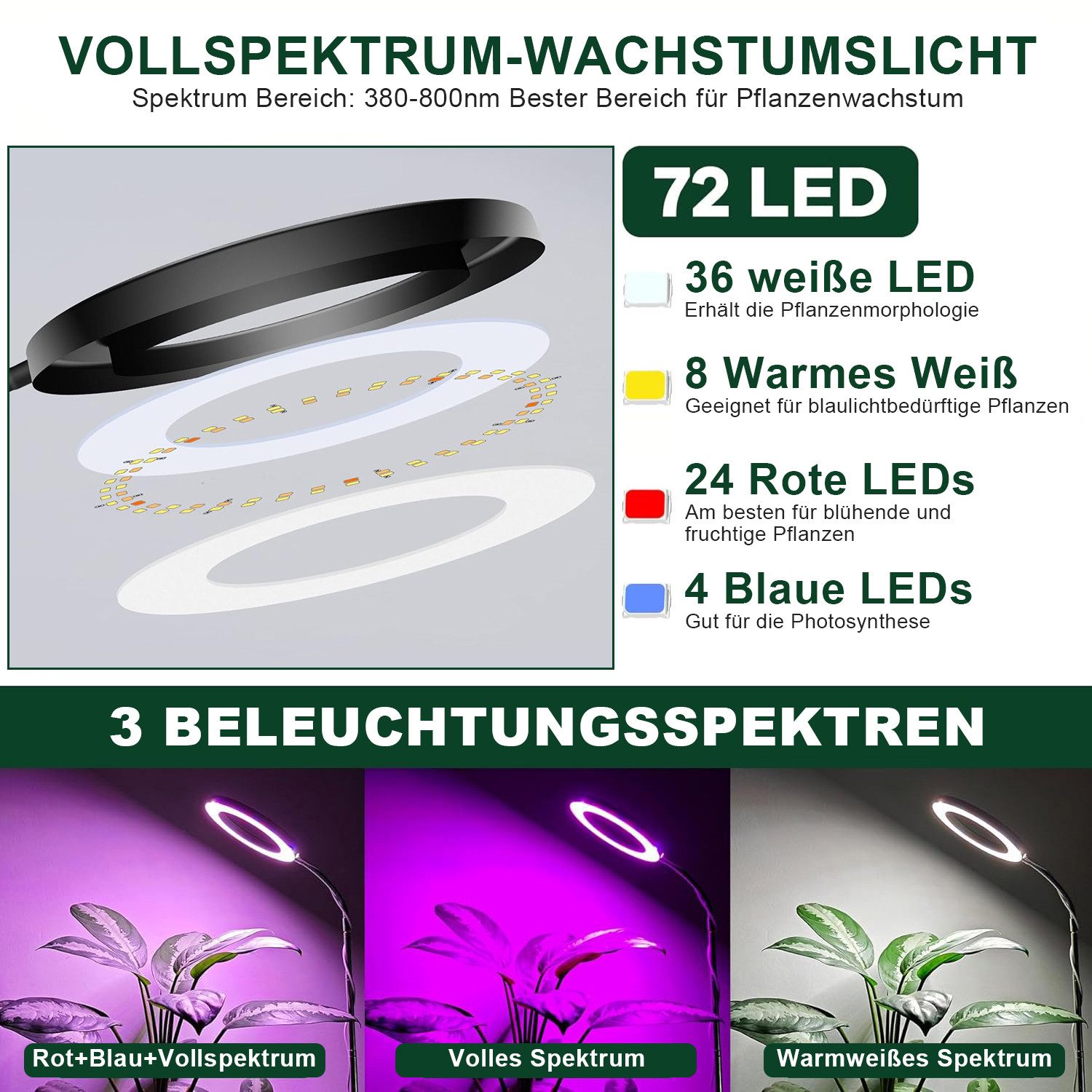 Rosnek Pflanzenlampe LED Vollspektrum mit 3 Lichtmodi, höhenverstellbar, Timer, LED fest integriert, Dual Purpose,155 cm, 10 Helligkeitsstufen für Innenräume