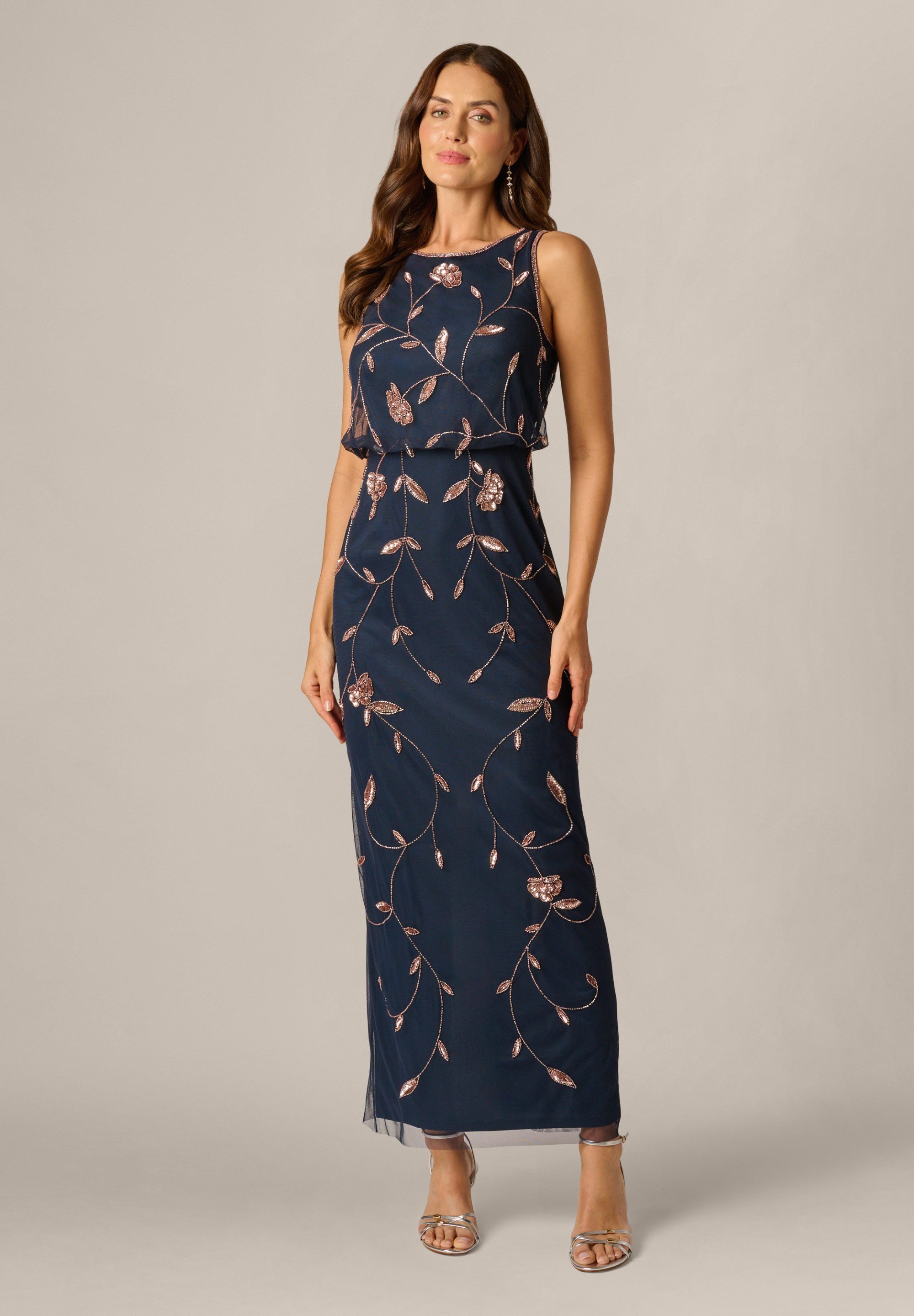 Adrianna Papell Abendkleid Bead Blouson Long Dress Aufwendig verziertes, ärmelloses Abendkleid