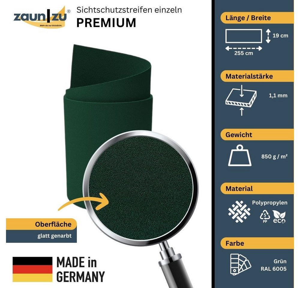 Thumbnail - zaunzu Sichtschutzstreifen Premium Einzelstreifen genarbte Lederstruktur Grün 2,55m, (1 Streifen, 5 Jahre Garantie), Far...