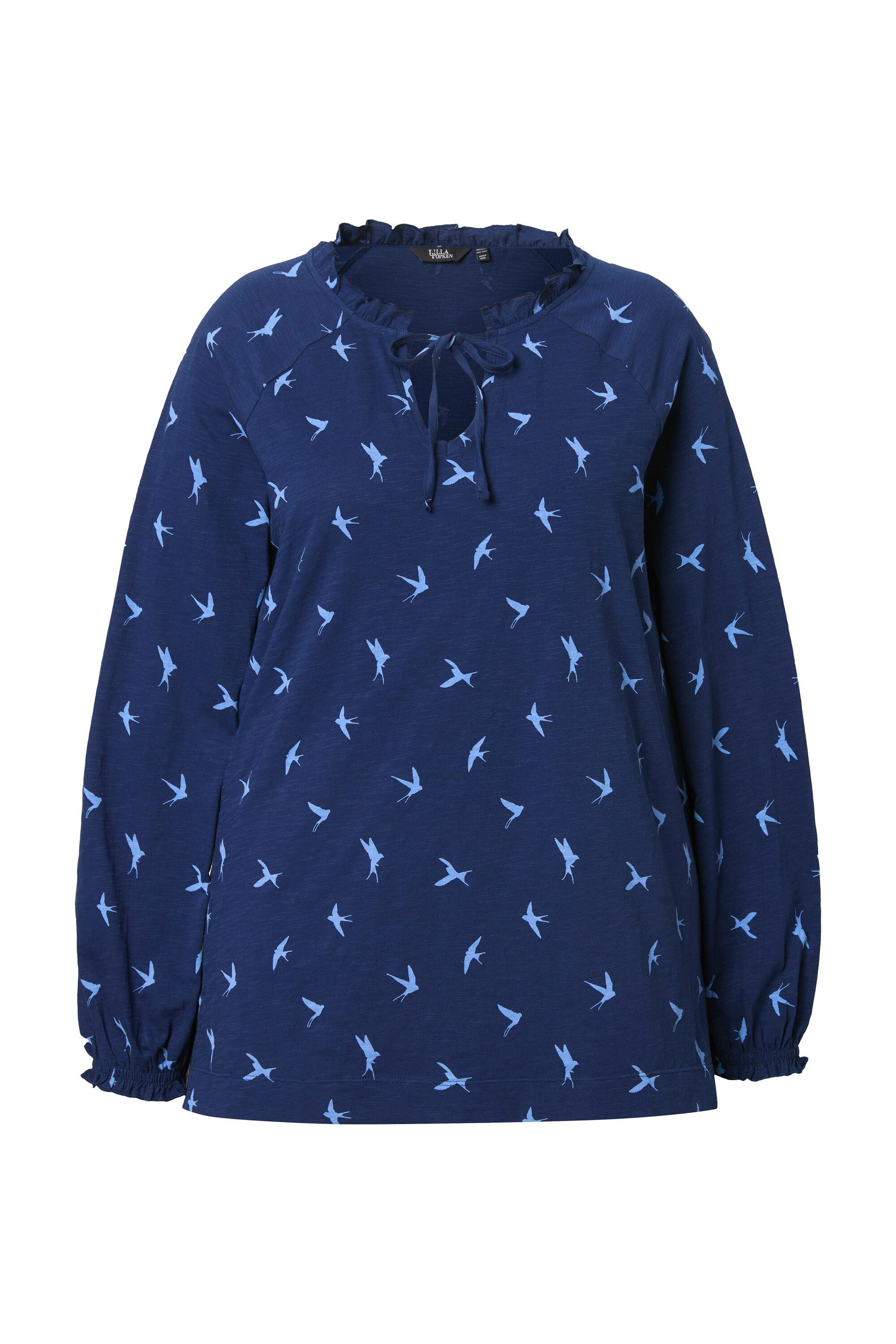 Ulla Popken Longshirt Shirt Schwalben A-Linie Rundhals Langarm Rüschen günstig online kaufen