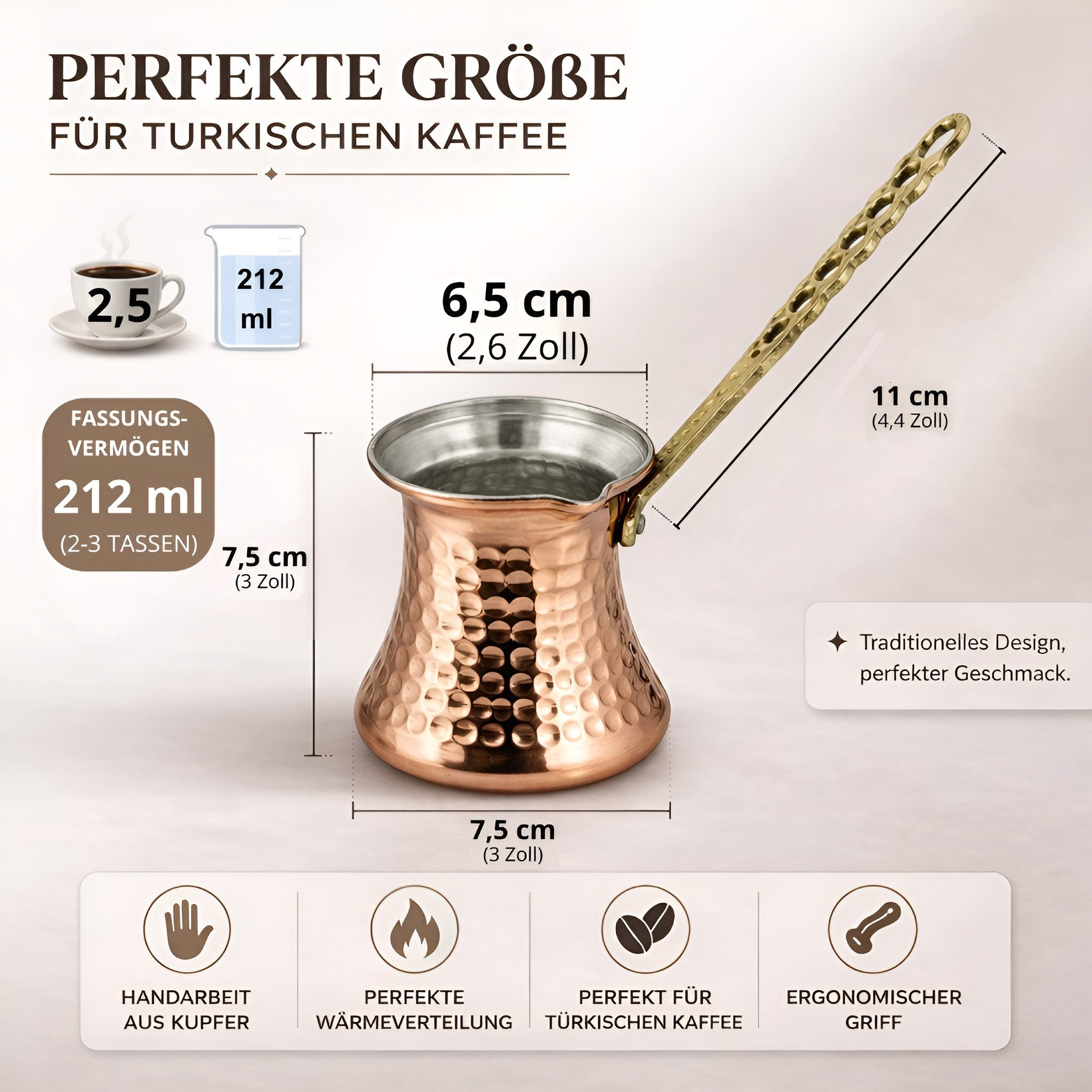 inovesis Kaffeekanne Handgemachte Kupfer, Cezve, Traditionelle Türkische Kaffeekanne, (Schnelle und gleichmäßige Wärmeleitung, Langer, hitzebeständiger und stabiler Griff, 3-St., Innen mit lebensmittelechtem Zinn beschichtet), Handgefertigt aus 100 % echtem Kupfer