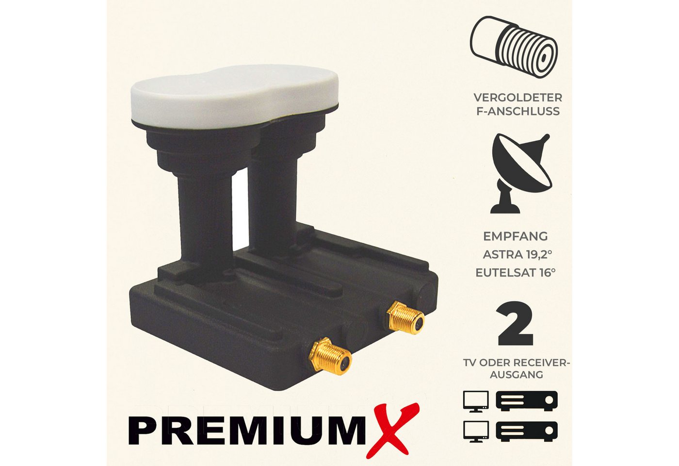 Thumbnail - PremiumX Twin Monoblock LNB 3° PXMB-3T Sat für 2 Teilnehmer DVB-S2 UHD 4K Monoblock-LNB