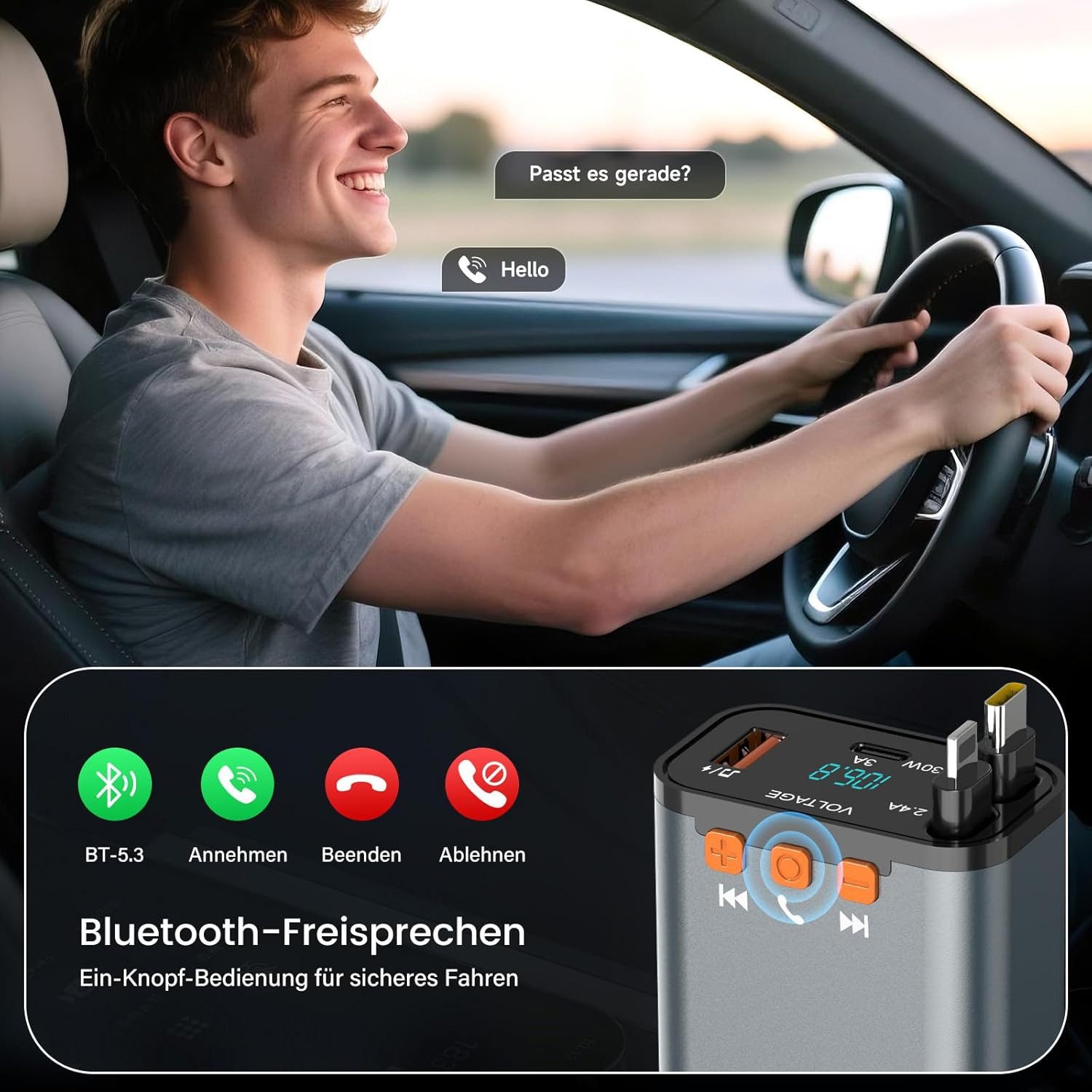 TUWENA Bluetooth & Cigarette Lighter Car Charger with 2 Retractable Cables, FM Transmitter, 24V/12V USB-C