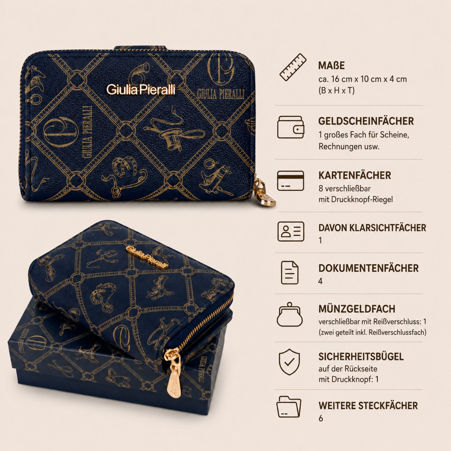 Giulia Pieralli Geldbörse Damen Geldbörse Portemonnaie Giulia Pieralli Kunstleder Geschenkbox, Damen Geldbörse klappbar mit Reißverschluss Portemonnaie Geldbeutel