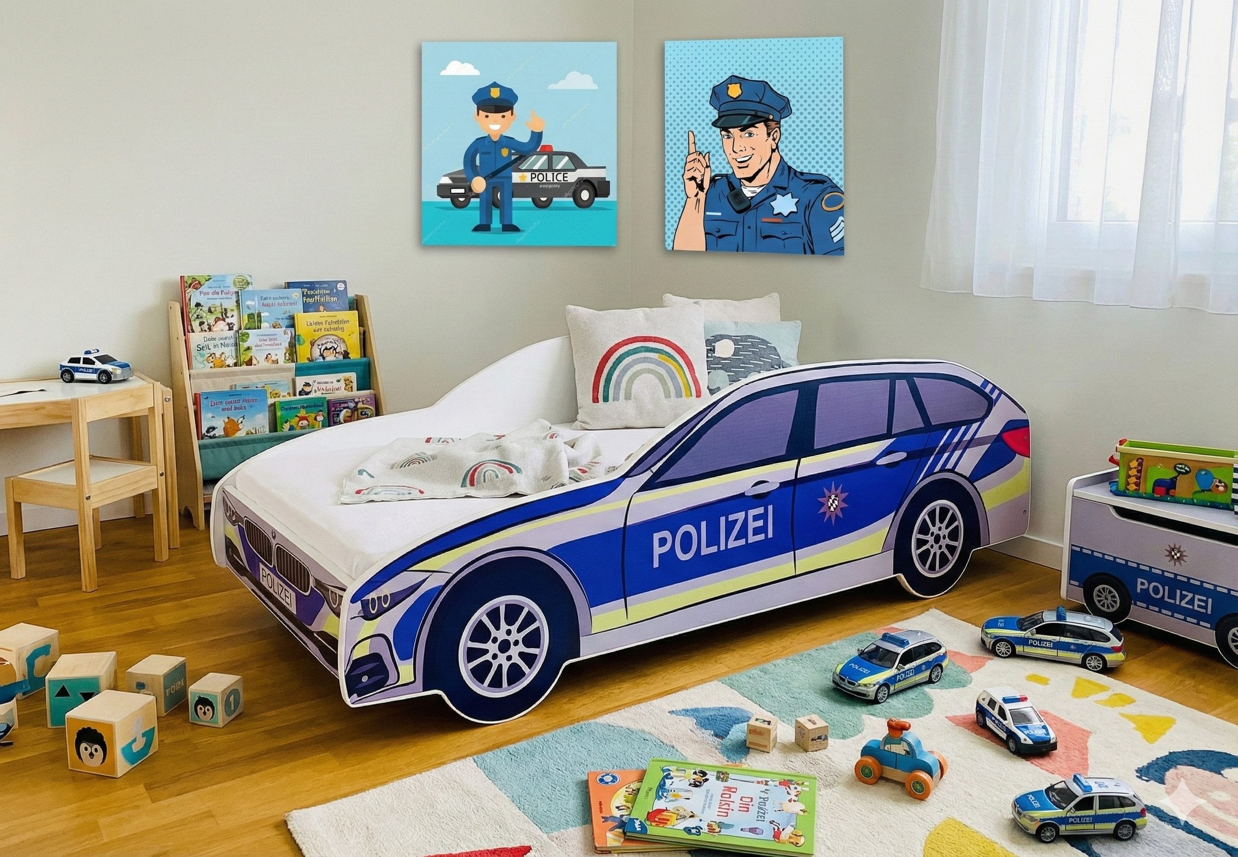 Kids Collective Autobett Kinderbett Jugendbett Polizei 70x140, 80x160 cm mit Rausfallschutz, Polizeiauto Polizisten Kinderspielbett 80x160 cm