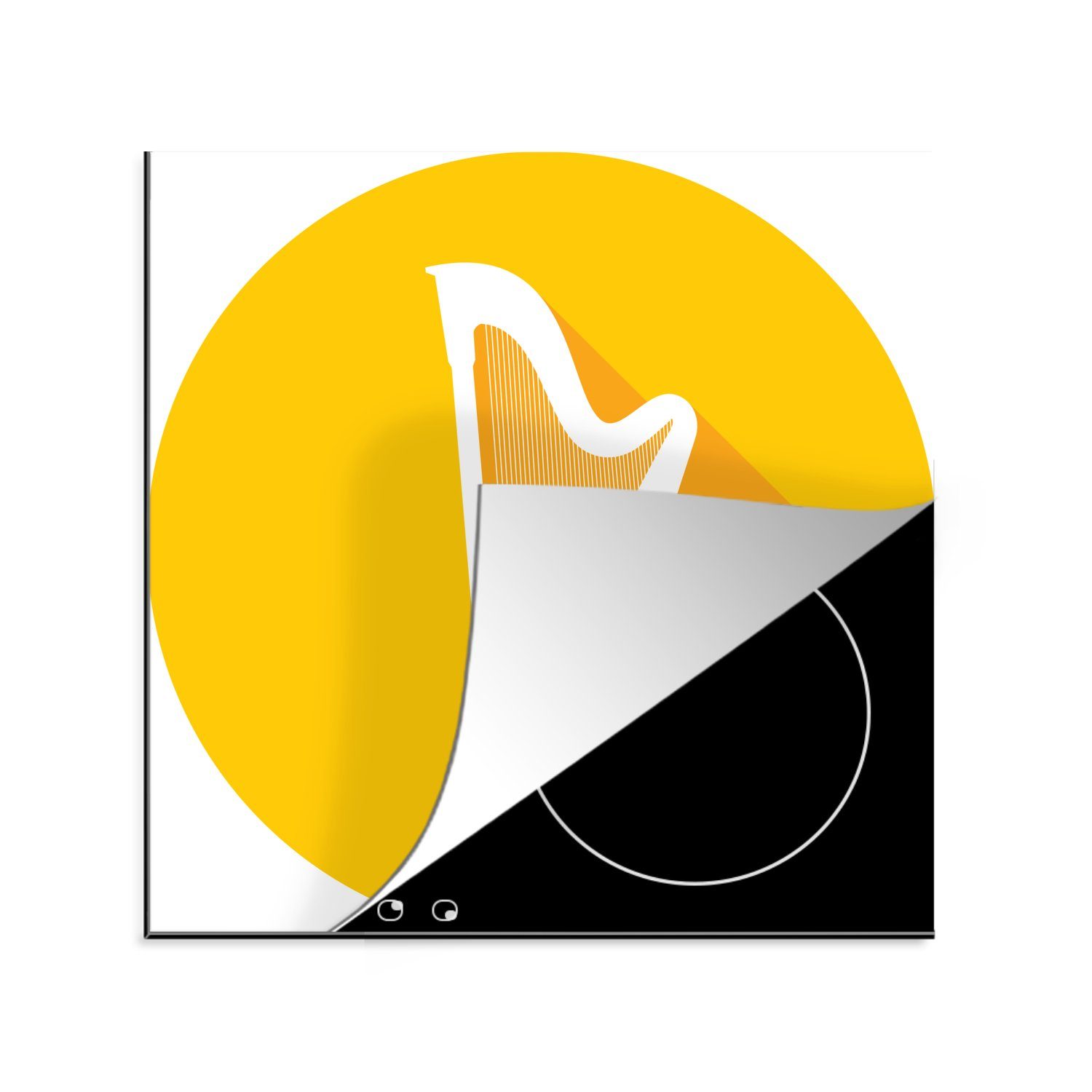 MuchoWow Herdblende-/Abdeckplatte Illustration einer weißen Harfe in einem gelben Kreis, Vinyl, (1 tlg), 78x78 cm, Ceranfeldabdeckung, Arbeitsplatte für küche