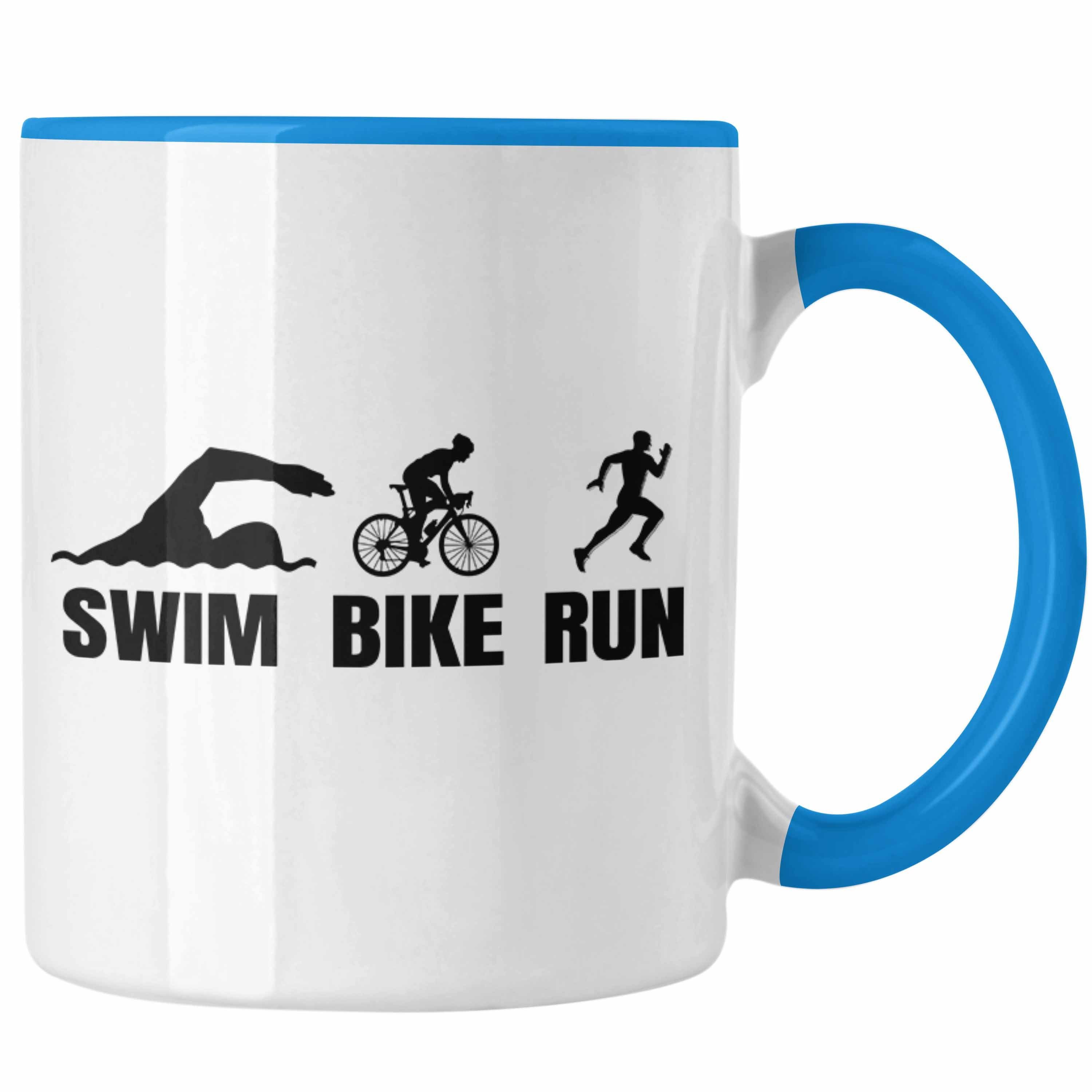 Trendation Tasse Triathlon Tasse Geschenk Spruch für Swim Bike Run Geschenkidee Sportl Blau