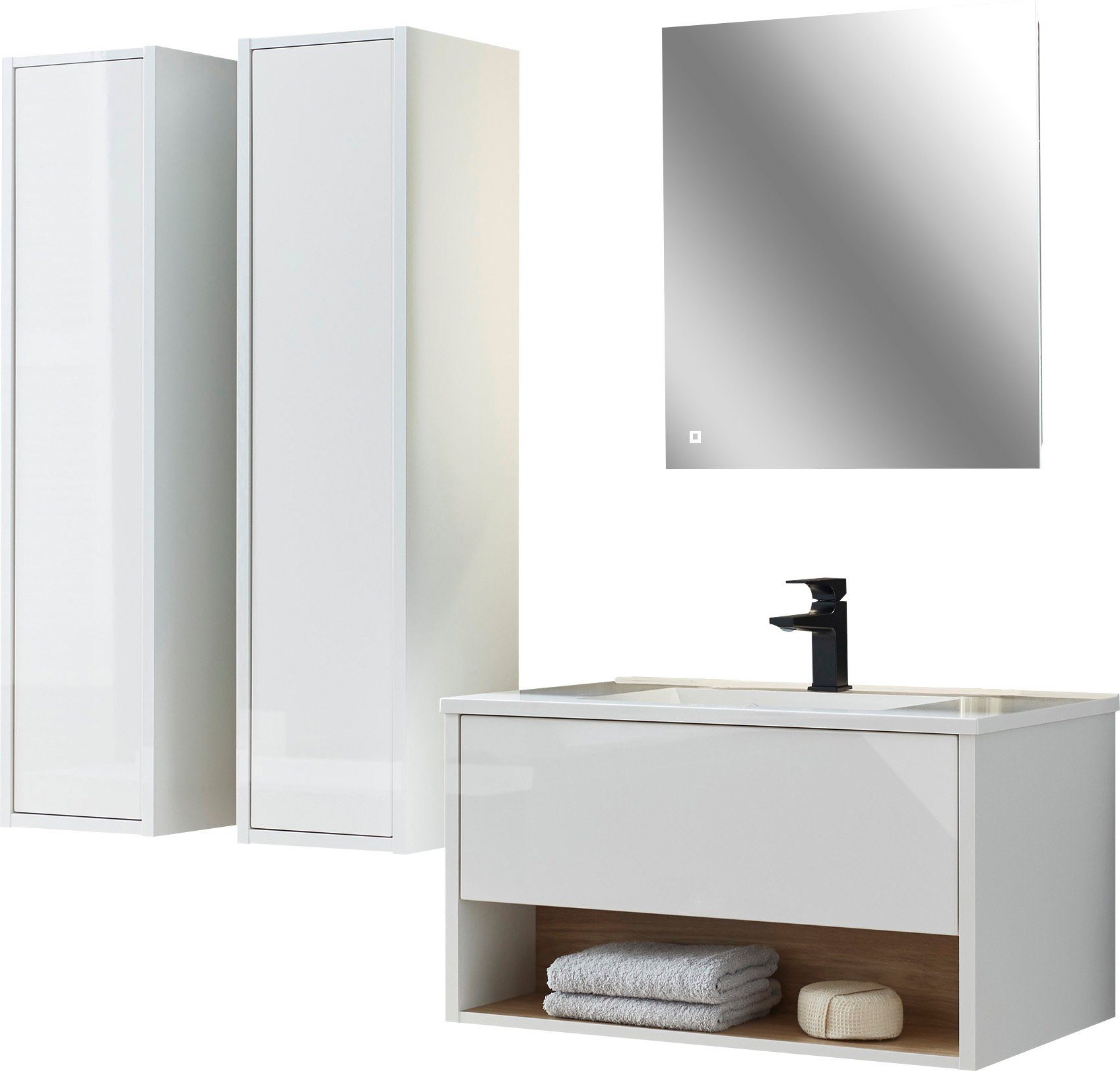 Home affaire Badmöbel-Set Studio Line, Bad im modernen Design, 4-teiliges Badezimmer, (4-St), Schrank, Waschtisch und Spiegel, in zwei Farben verfügbar, Stauraum